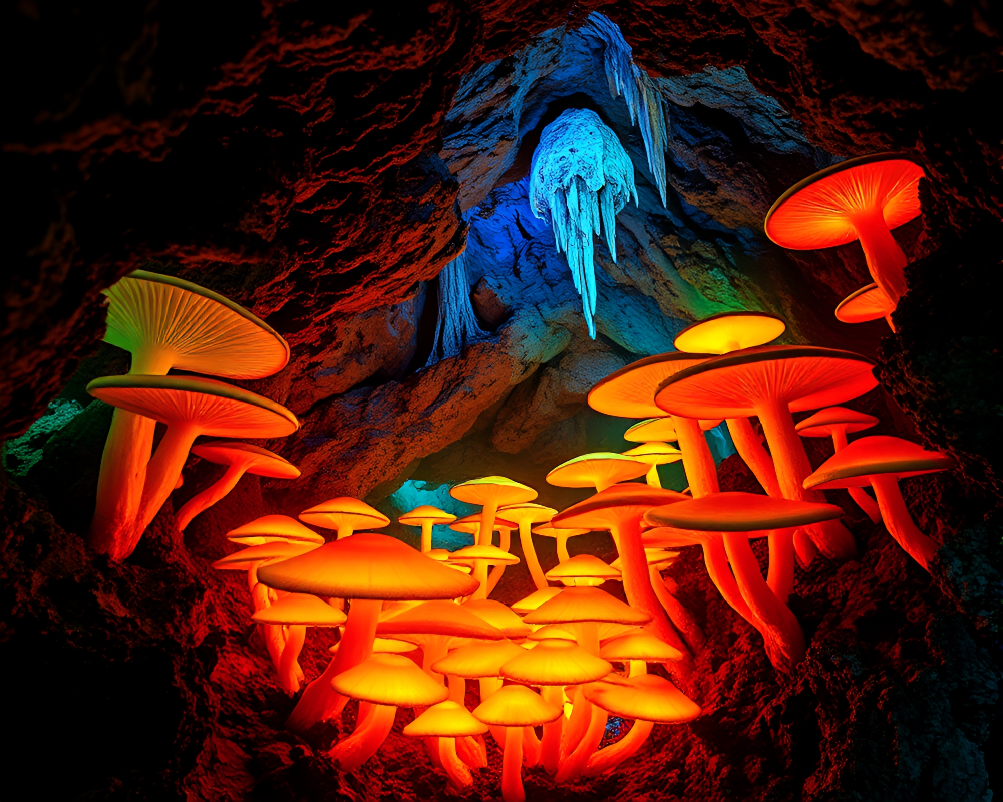 Ethereal Glow: Luminous Cavern of Mystical Fungus – free AI stock image