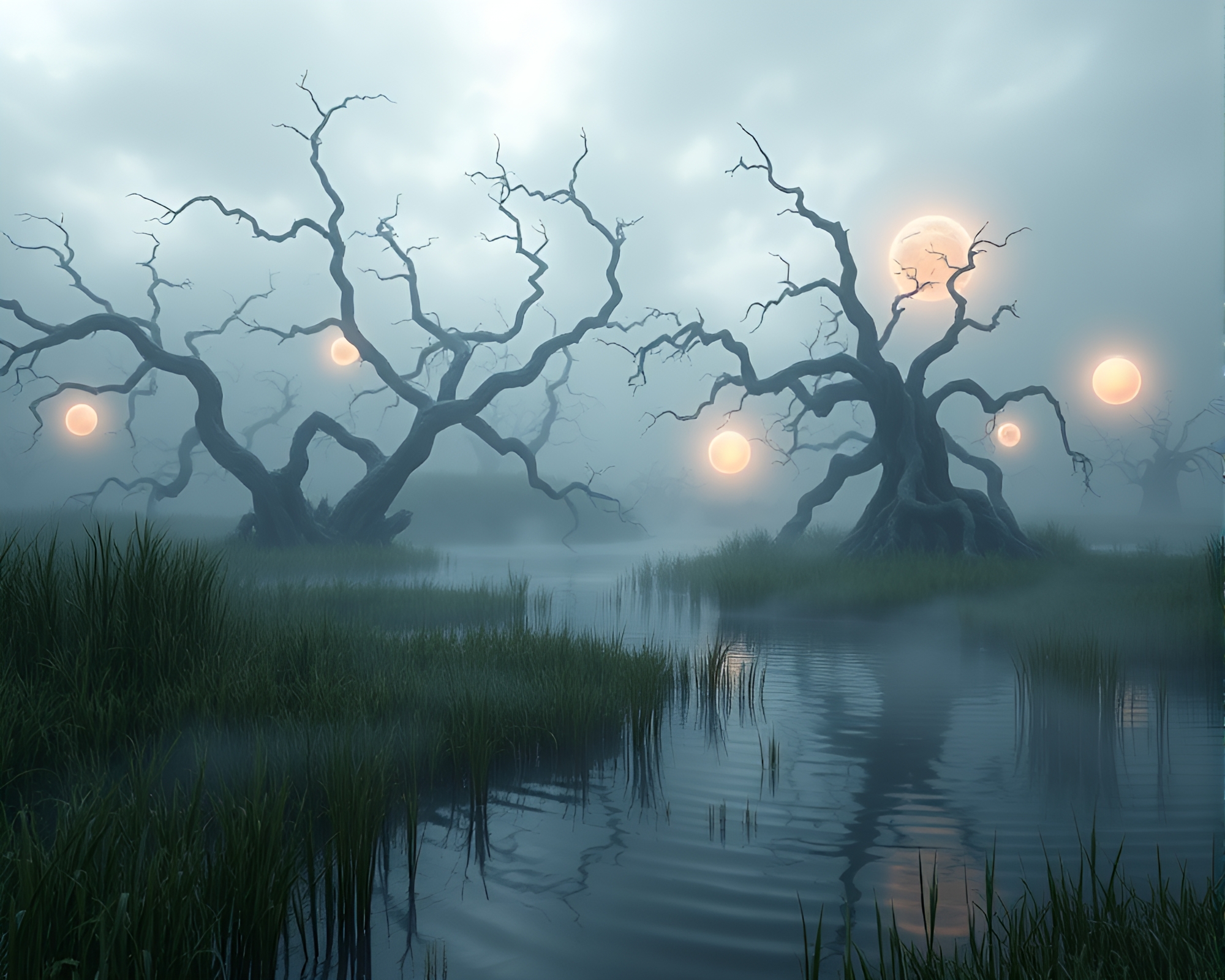 Enchanting Marshland: Twisted Trees and Glowing Orbs – free AI stock image