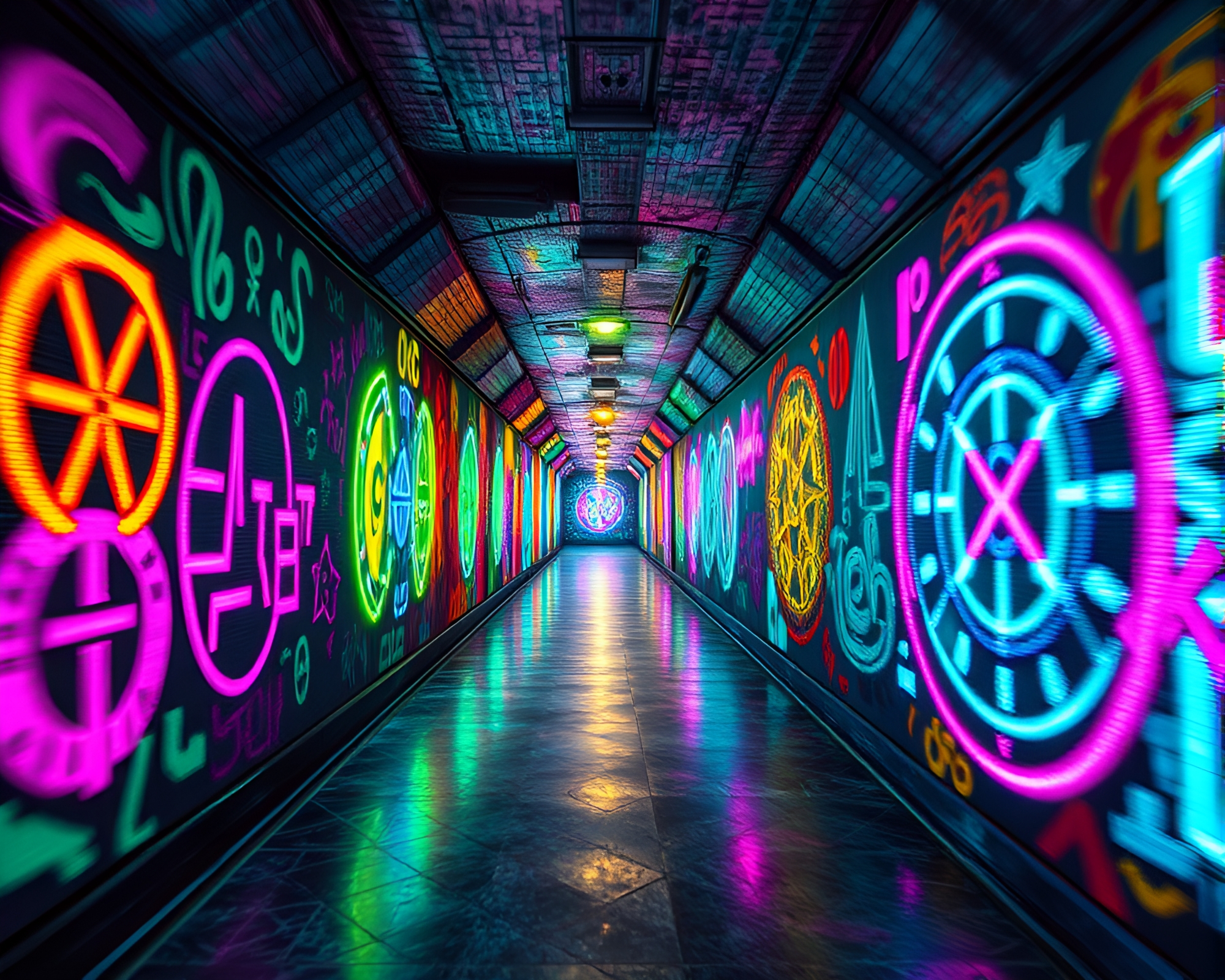 Ethereal Time-Warp Corridor with Neon Graffiti – free AI stock image