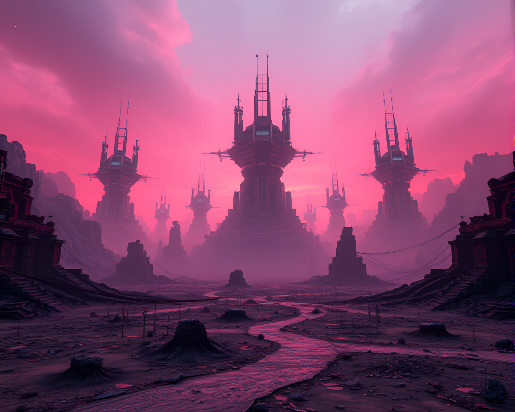 Eerie Glitch Realm Overpowered by CGI Structures – free AI stock image