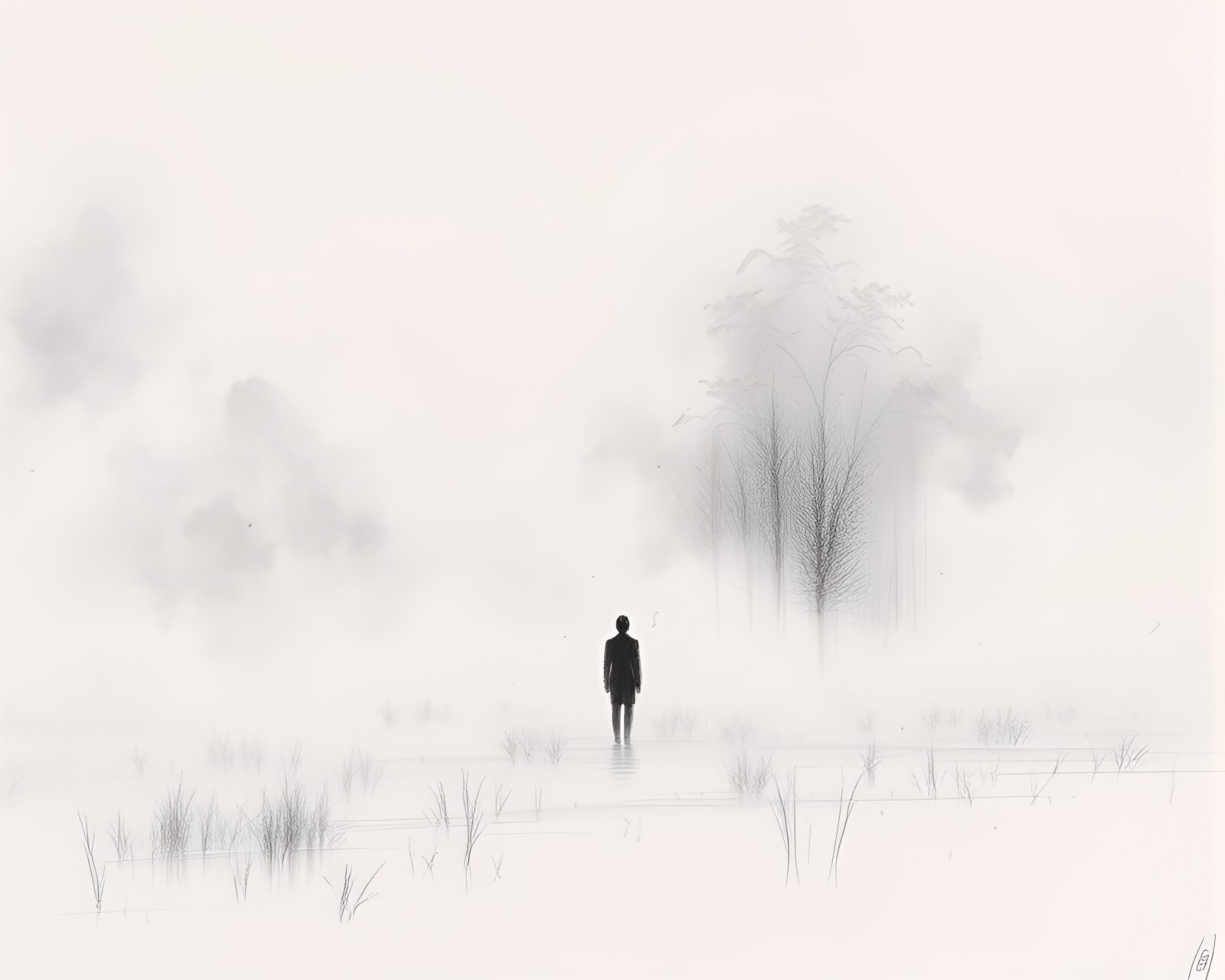 Ethereal mist surrounds lone figure in eerie marsh environment
