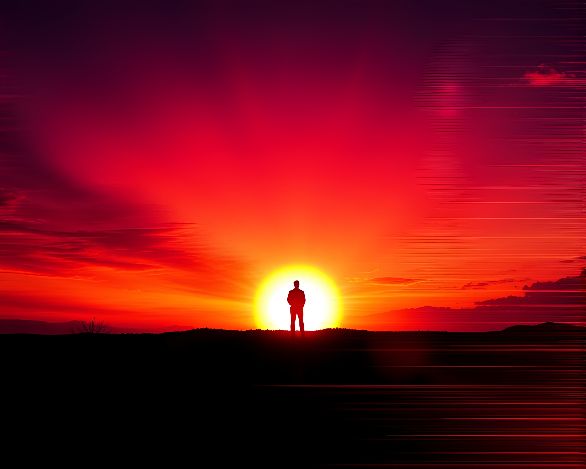 Futuristic Sunset: A Glitchy Silhouette amidst Radiant Hues – free AI stock image