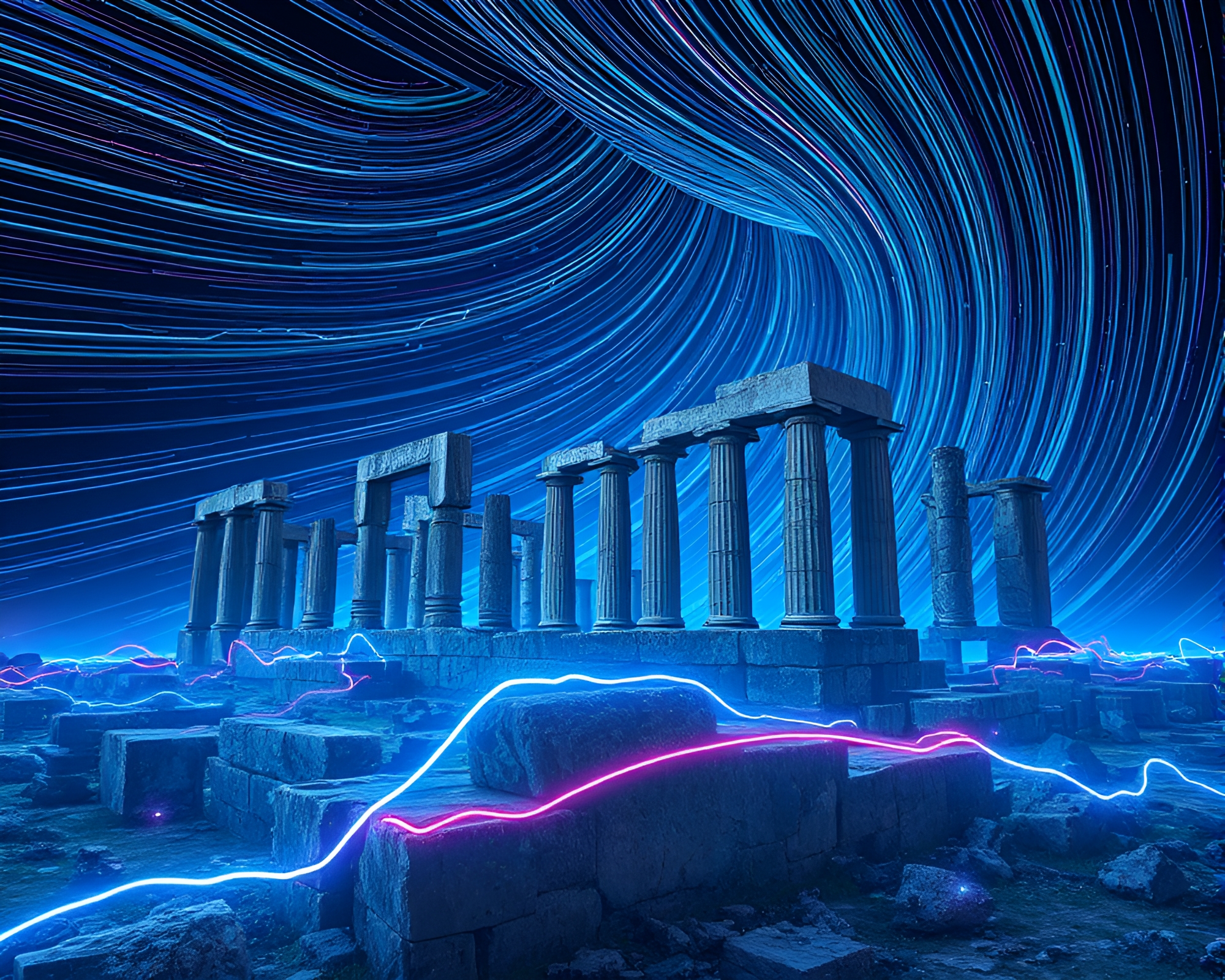 Mystical Ancient City Illuminated by Vibrant Magnetic Field Lines – free AI stock image