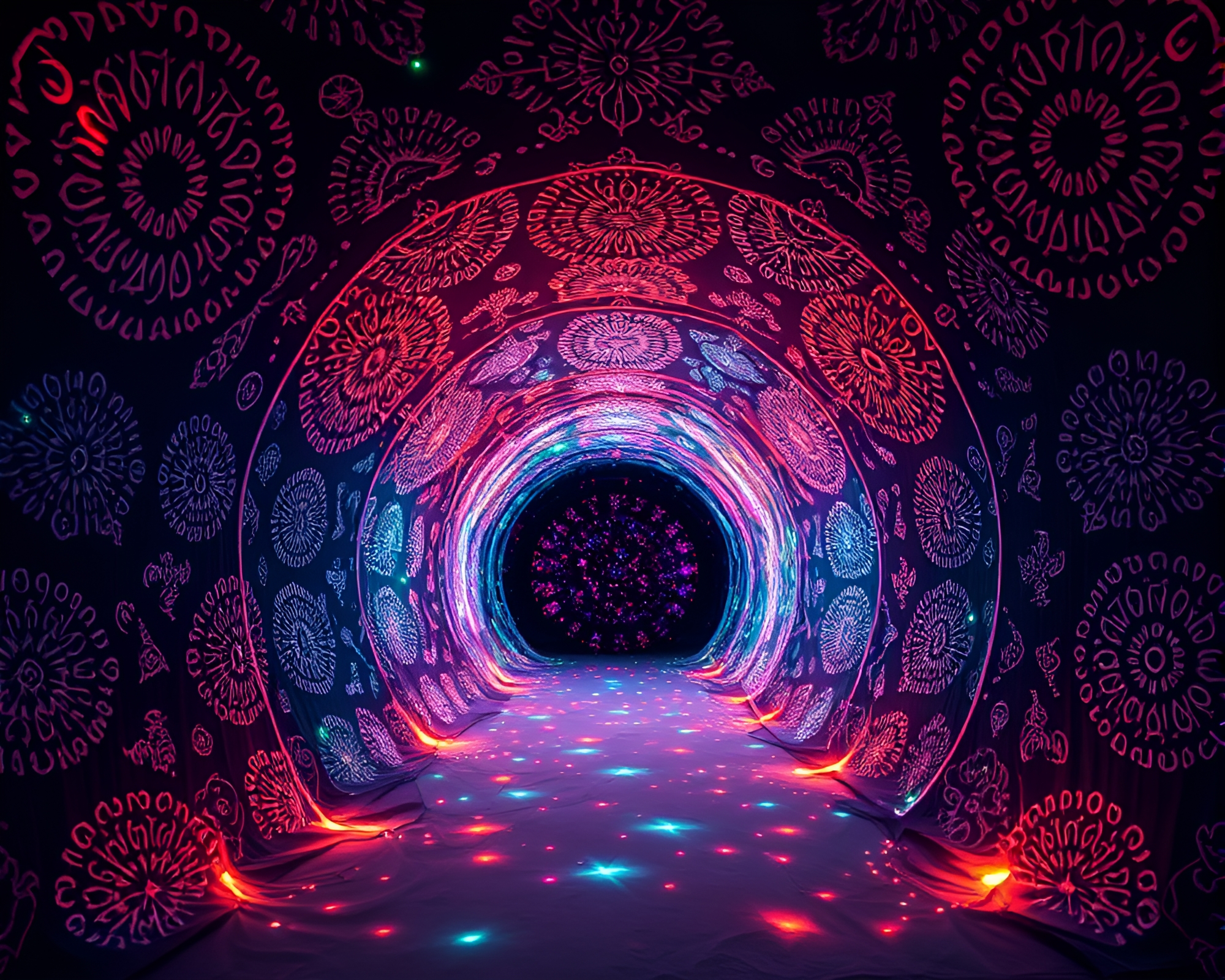 Mesmerizing Kinetic Light Tunnel with Embroidery Patterns – free AI stock image