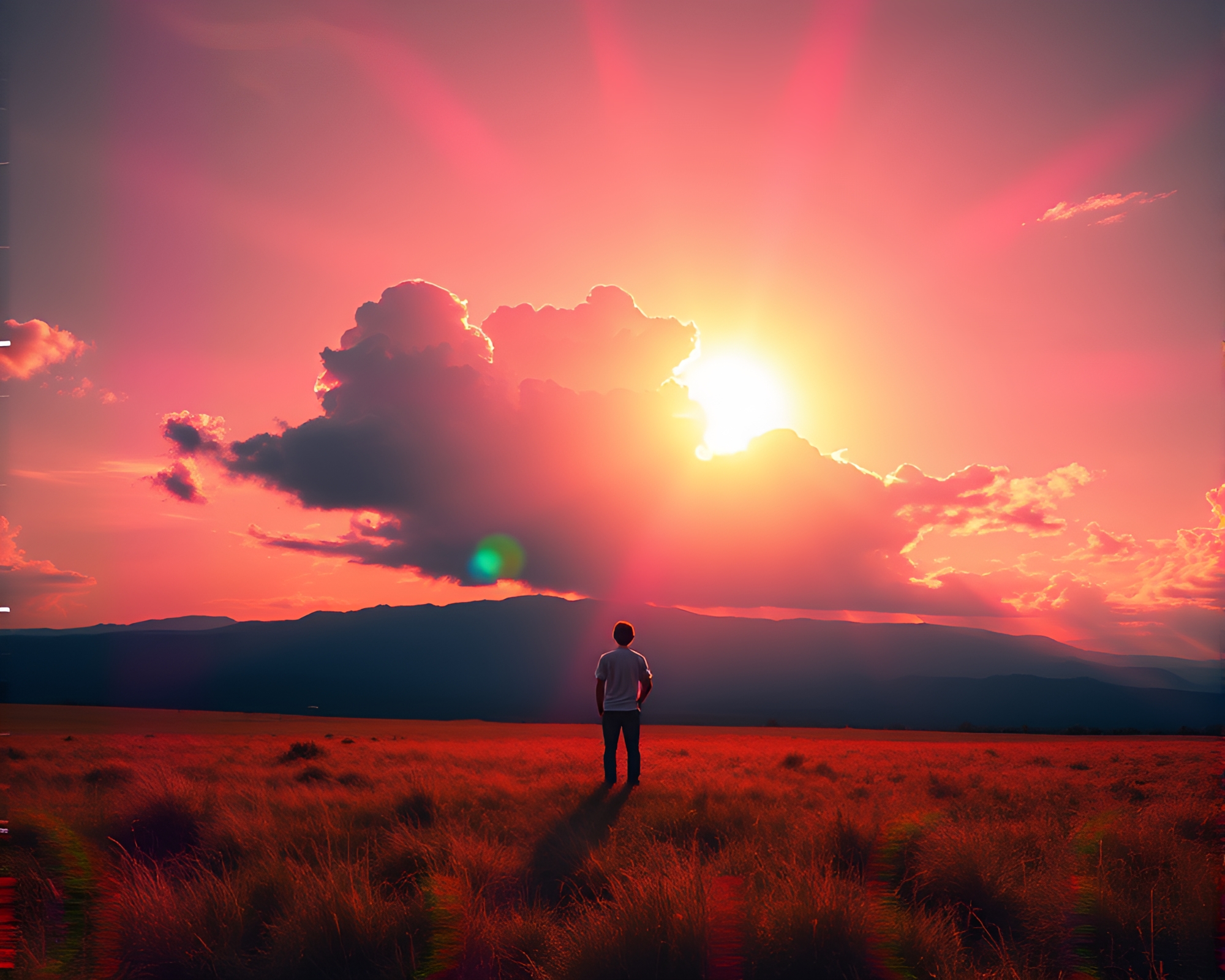 Surreal Glitch Art Landscape with Solar Flare – free AI stock image