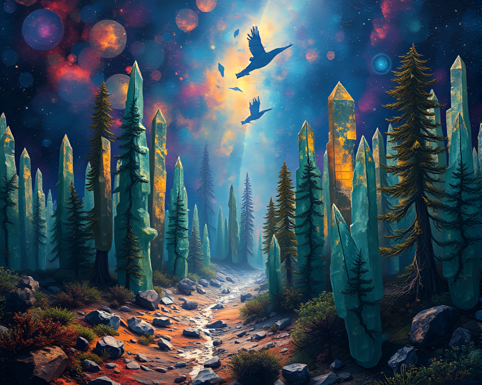 Silicon Crystal Forest in Cosmic Landscape – free AI stock image