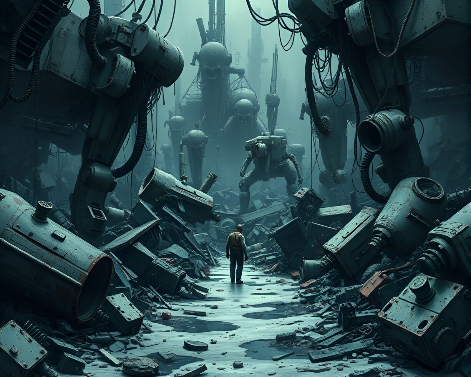 Figure surrounded by twisted metal, salvaging in robotic wasteland
