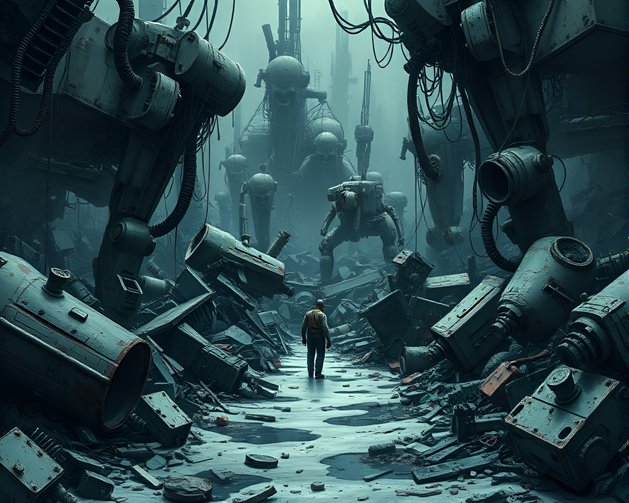 Solitary Figure Salvaging in Dystopian Robot Junkyard – free AI stock image