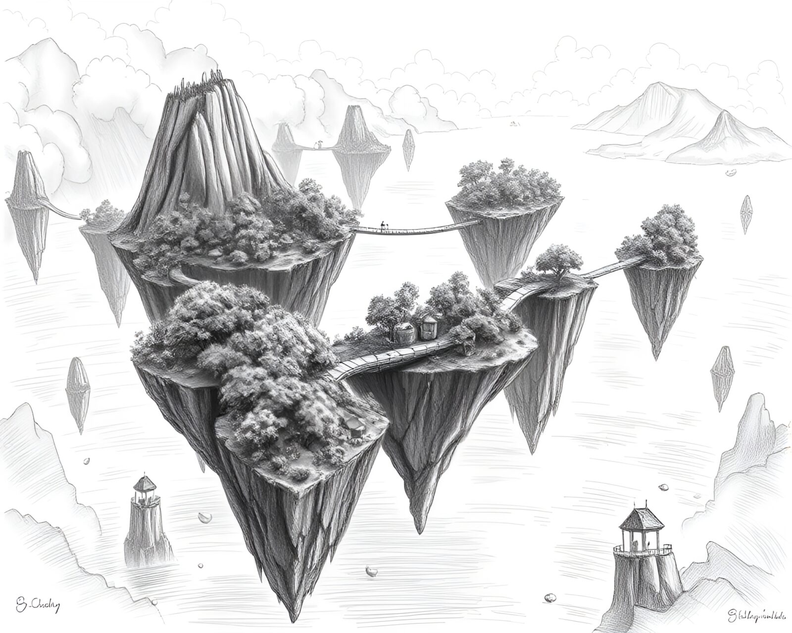 Gracefully suspended islands connected by lush bridges in sky