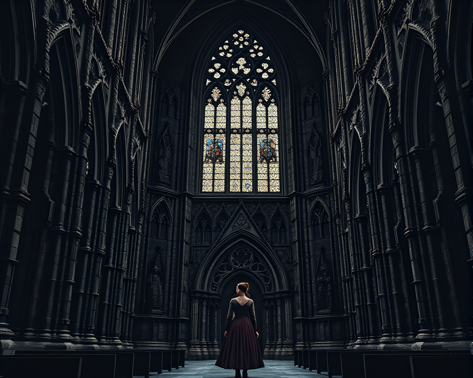 Gothic Cathedral Meets Vintage Fashion: A Contrast in Time – free AI stock image