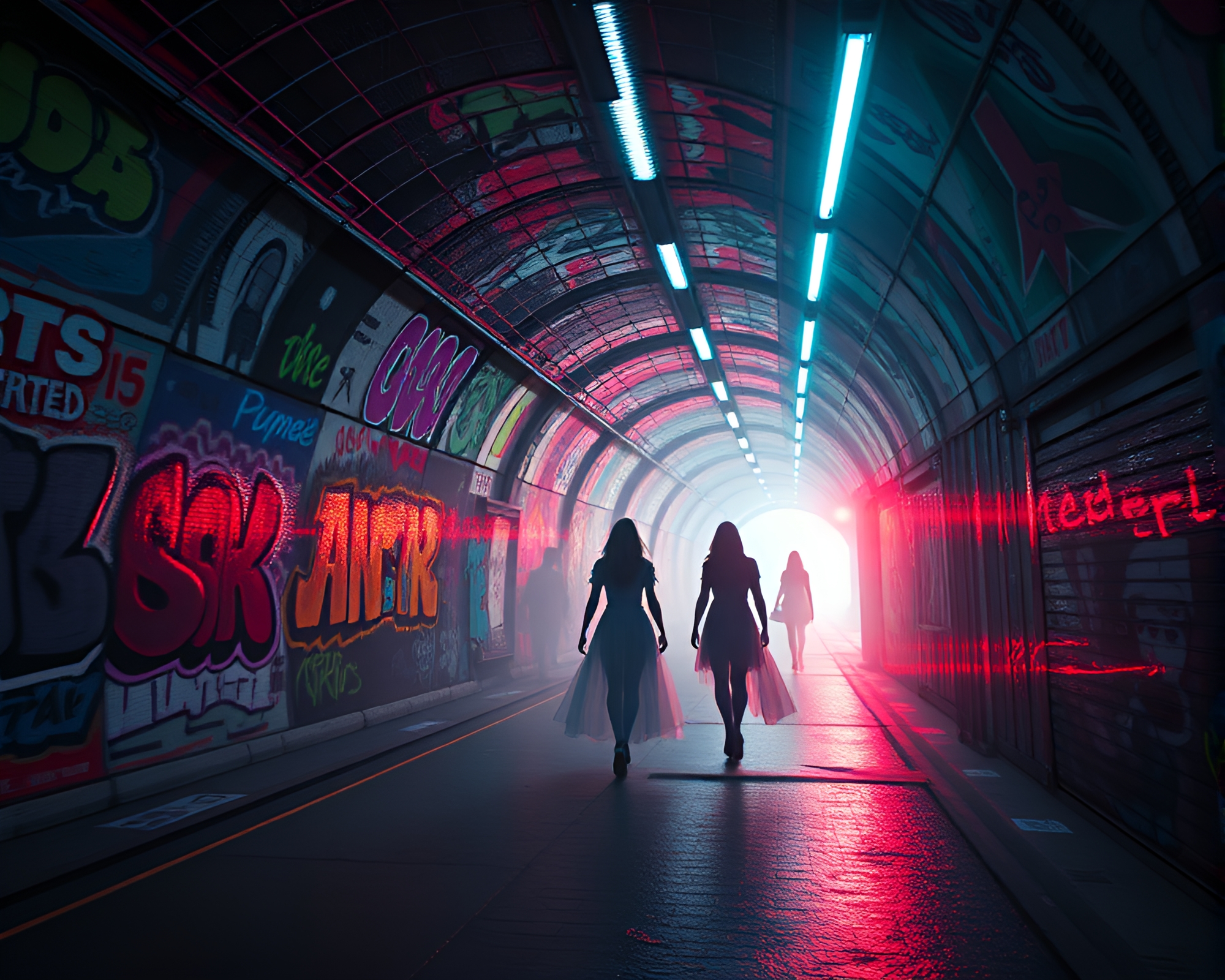 Eerie Photorealistic CGI Art in Neon Graffiti Tunnel – free AI stock image