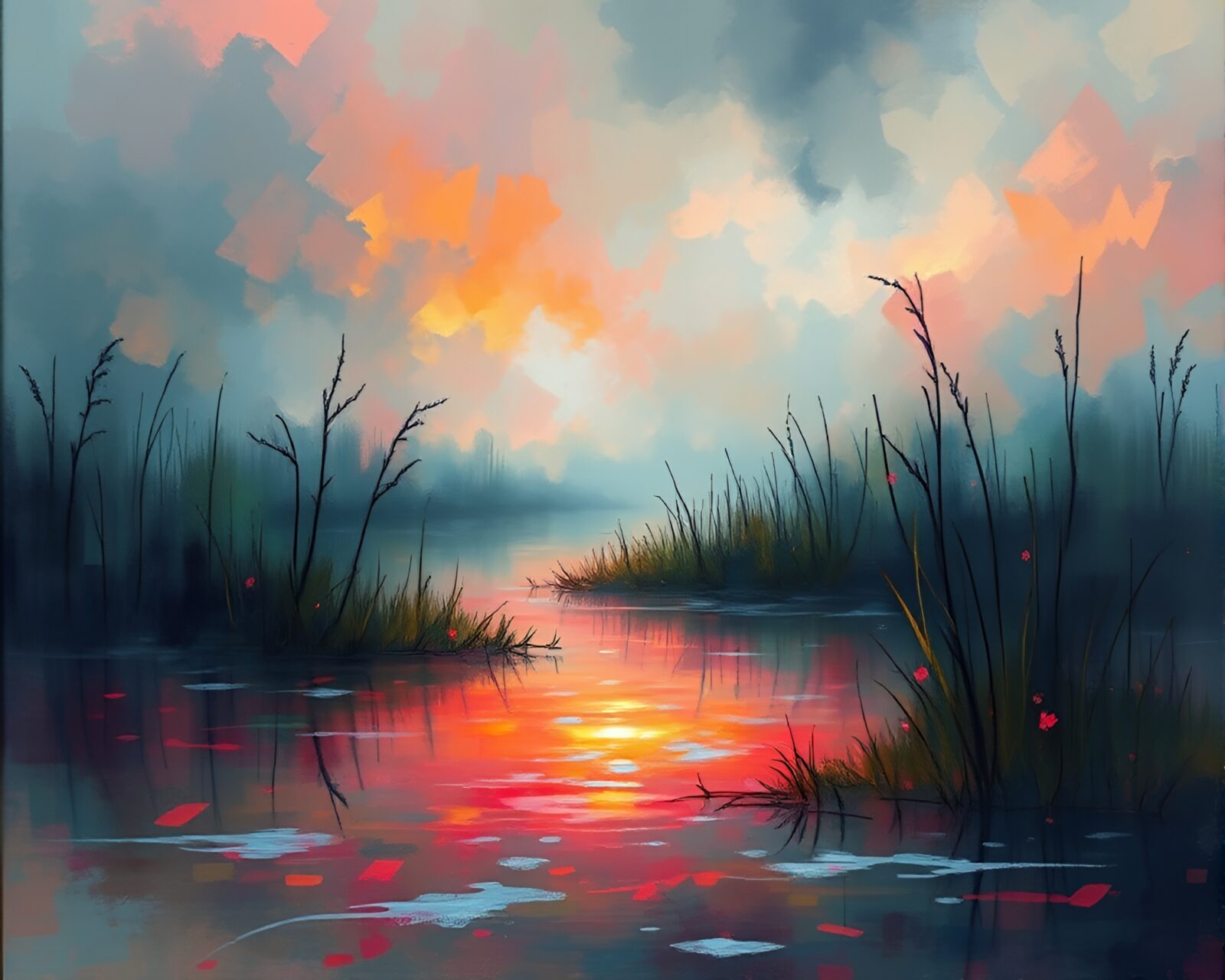 Misty Phantasmal Marsh: Serene Yet Melancholic Landscape Painting