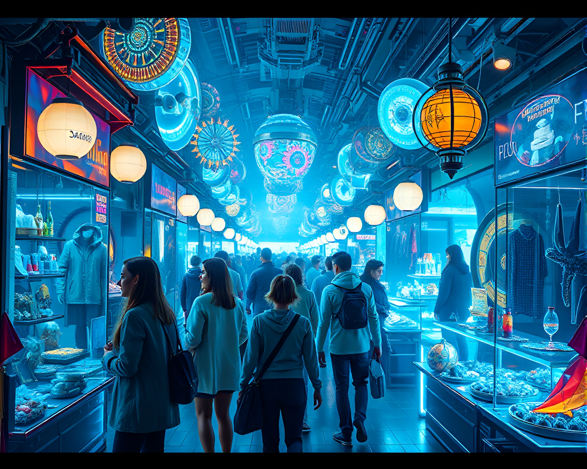 Vibrant Holographic Bazaar Delights Visitors with Futuristic Wares – free AI stock image