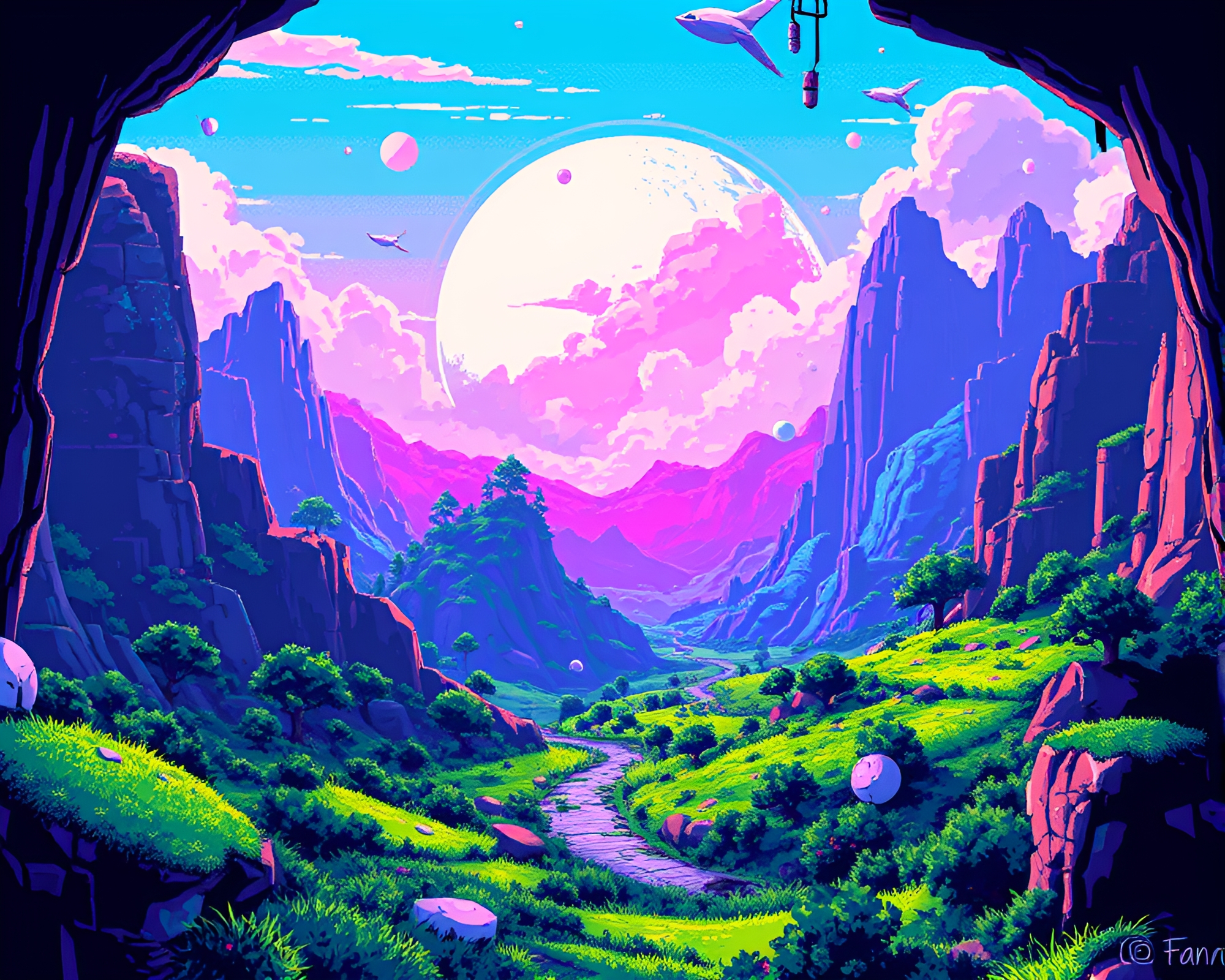 Psychedelic Pixelated Dreamworld with Glitch Art Elements – free AI stock image