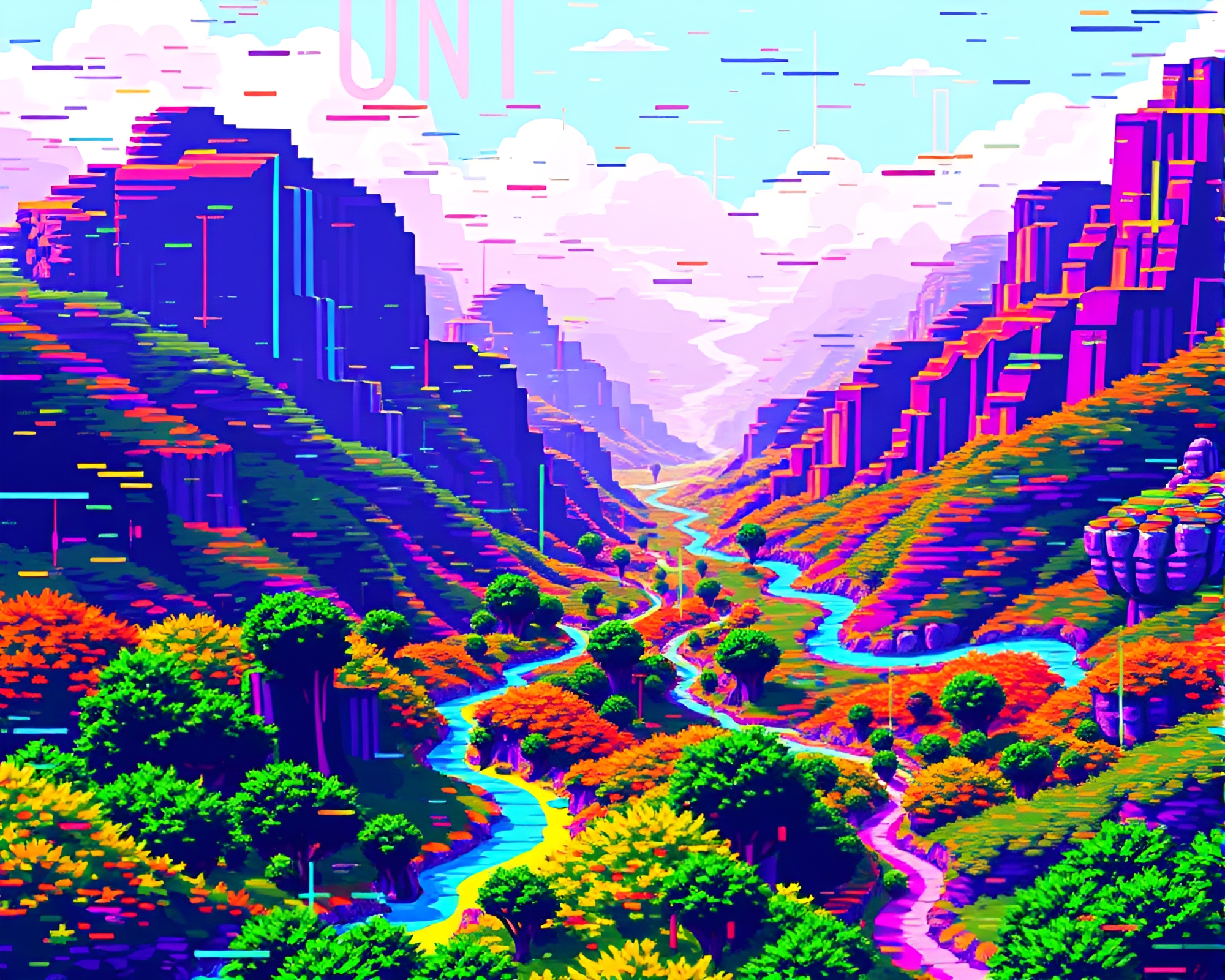 Mesmerizing 8-bit digital data cascade glitch art landscape – free AI stock image