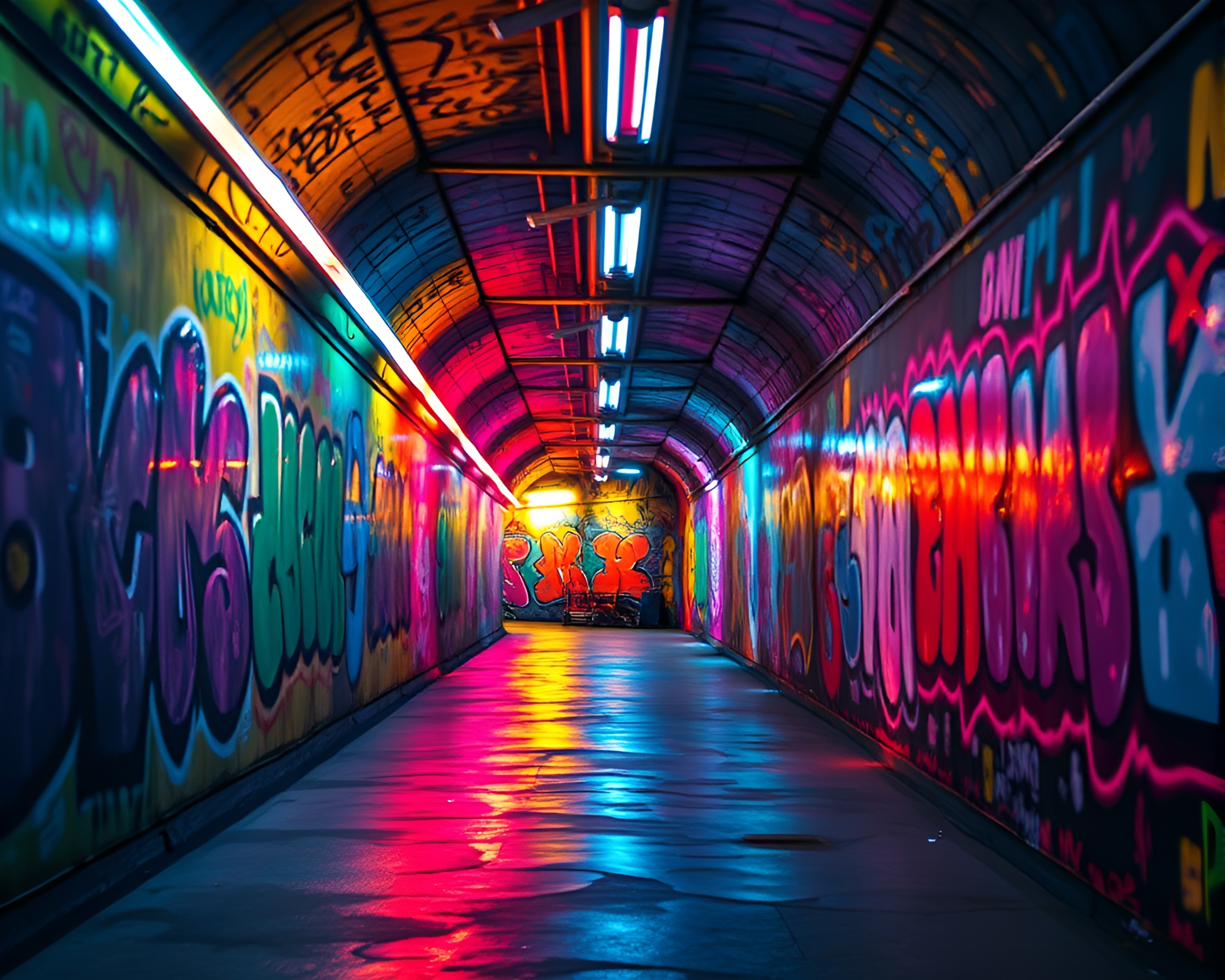 Neon-Lit Graffiti Tunnel Swirls: Modern Impressionistic Display – free AI stock image