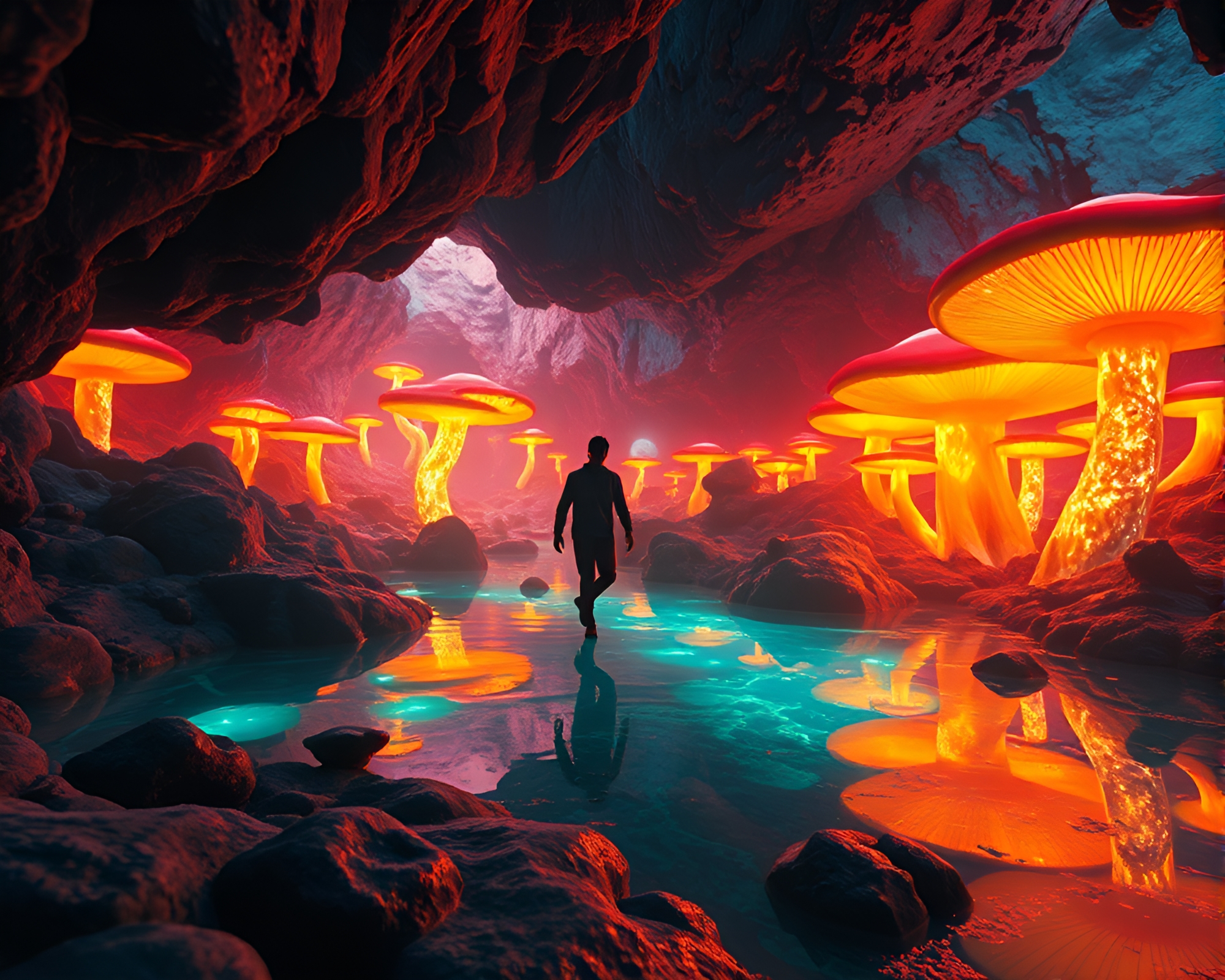 Enchanted Fungi Cave: Intoxicated Stumbler Amid Bioluminescence – free AI stock image