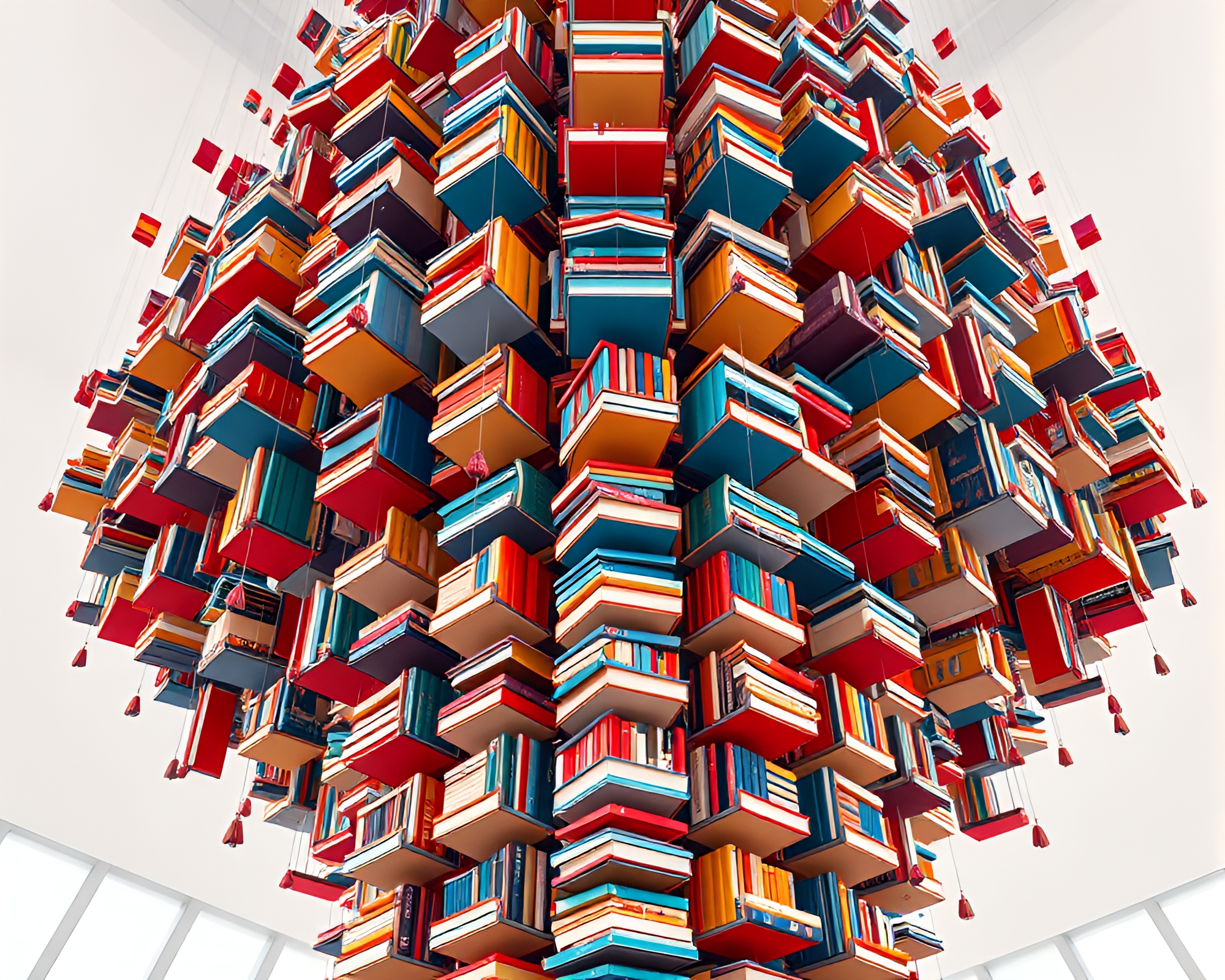 Whimsical Book Tower Soars to Sky in Pop Art Display – free AI stock image