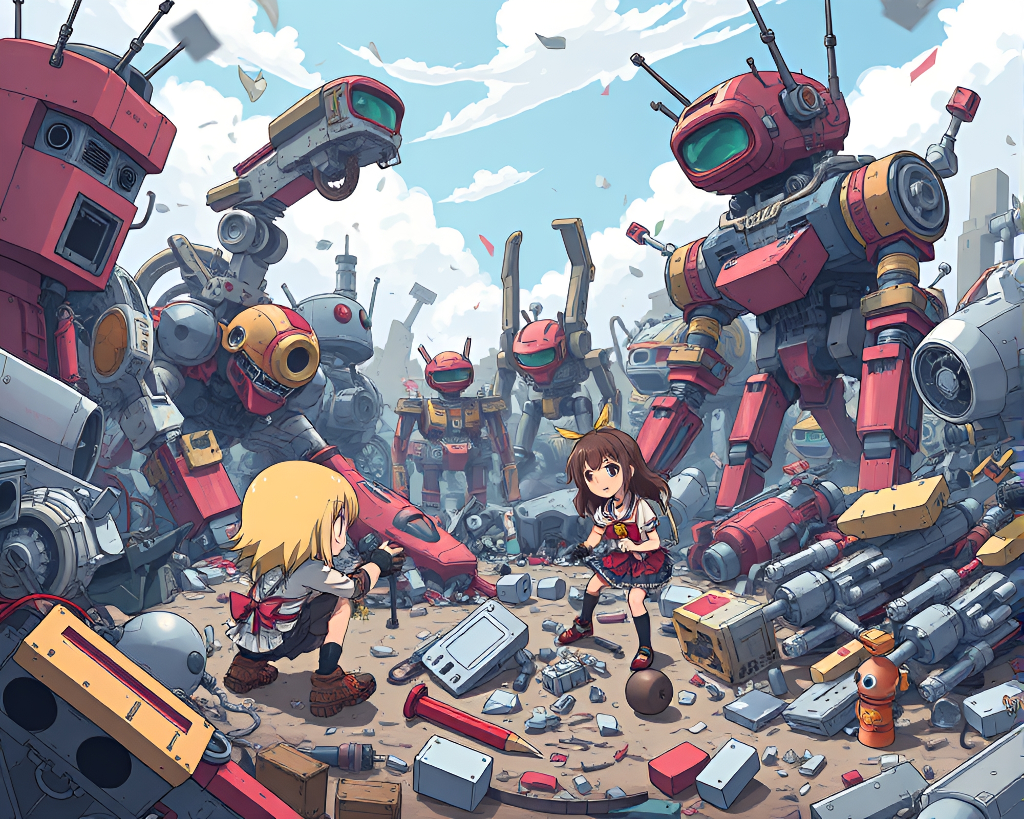 Anime Characters Play in Ruined Robotic Junkyard – free AI stock image
