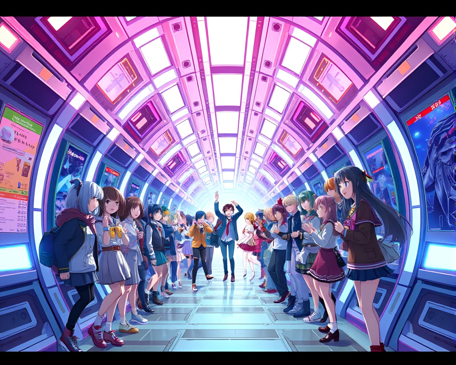 Vibrant anime characters celebrating in futuristic time-warp corridor