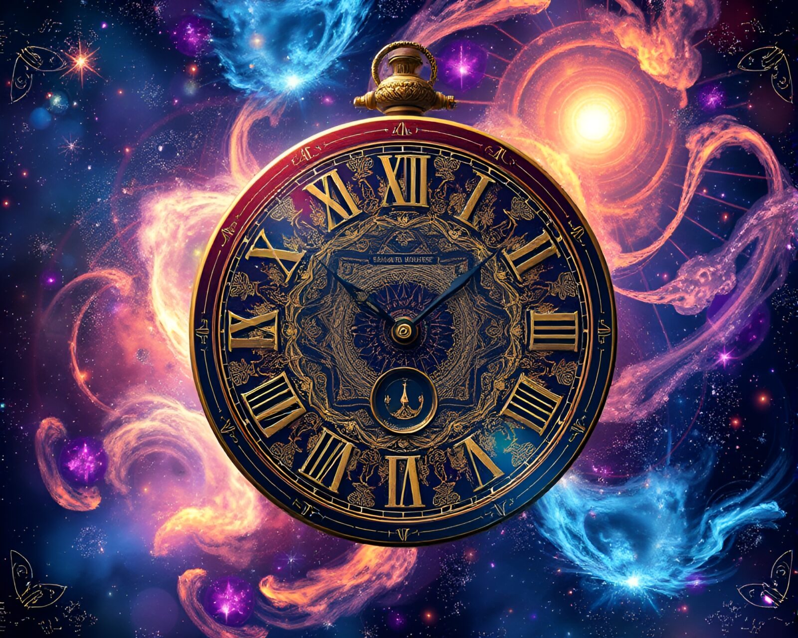 Intricate anime-style cosmic clock floating in space surrounded by galaxies