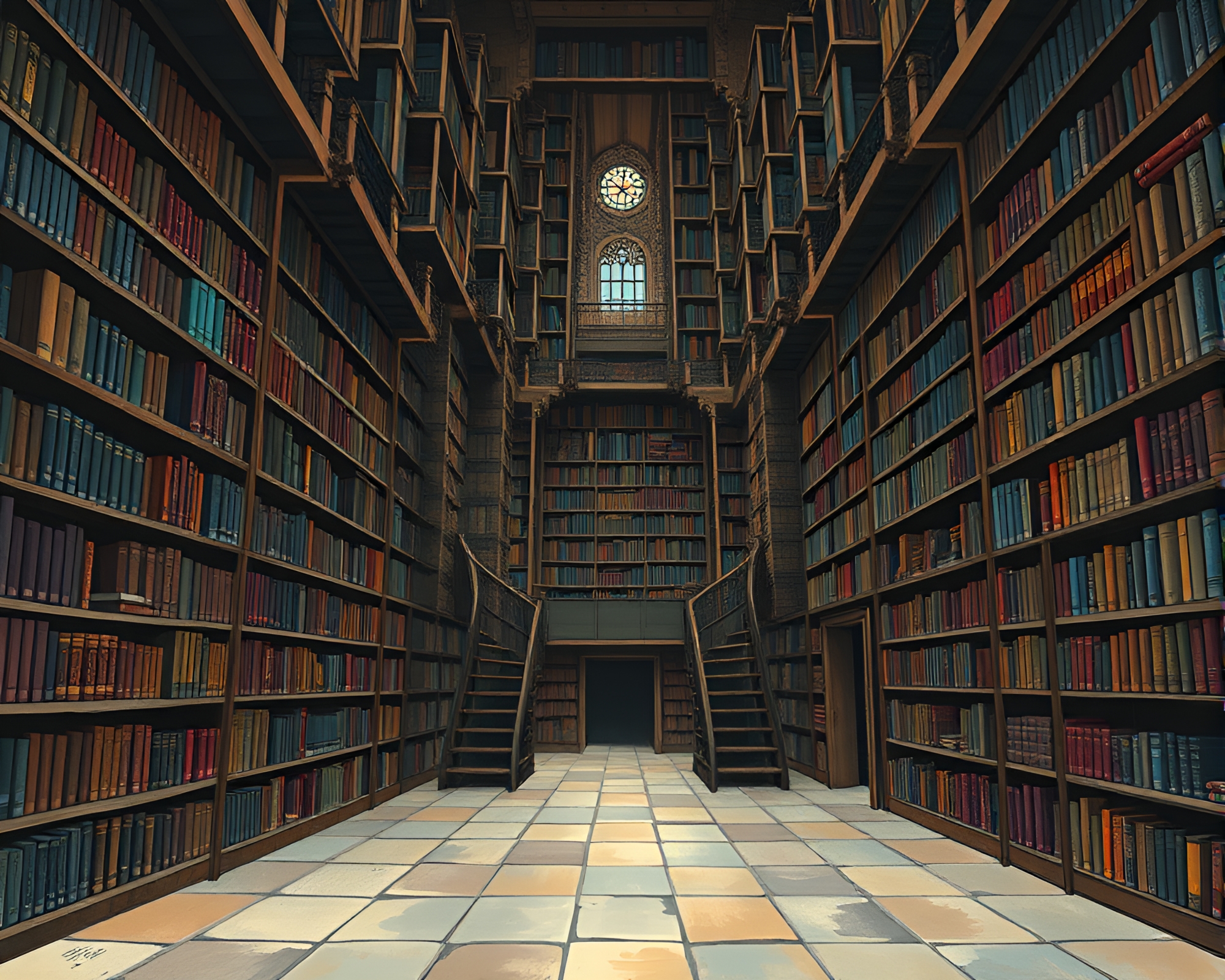 Intricate Labyrinthine Library in Vibrant Gouache Colors – free AI stock image