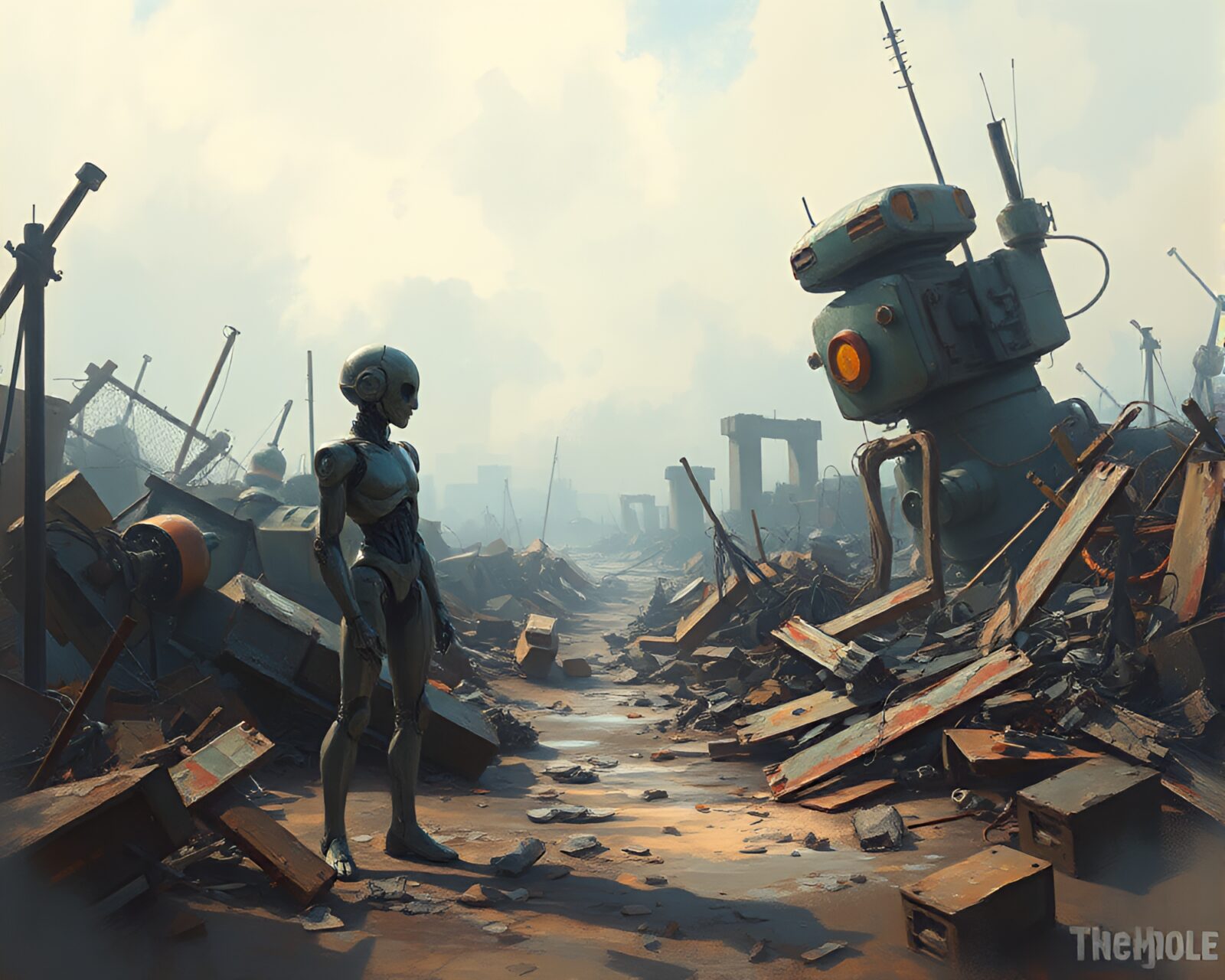 Lone android amidst decay, looking into distance with nostalgia