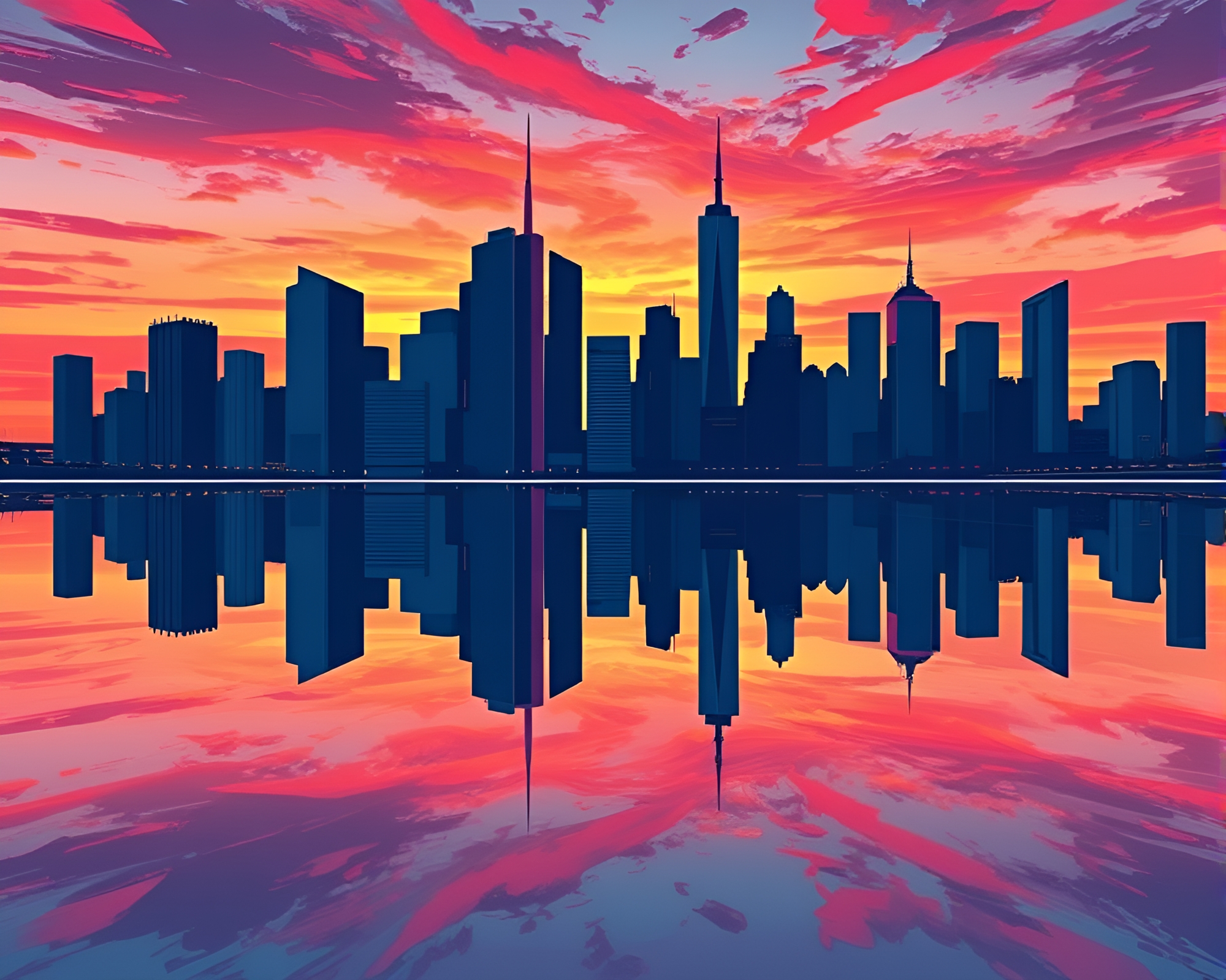Futuristic Cityscape Reflecting on Mirrored Horizon – free AI stock image