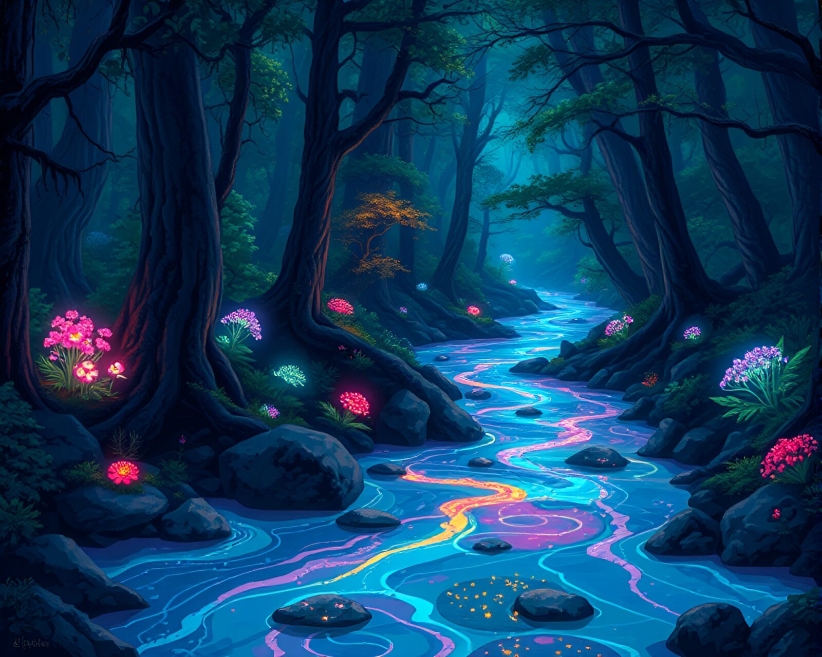 Mesmerizing display of bioluminescent flora reflected in liquid mercury