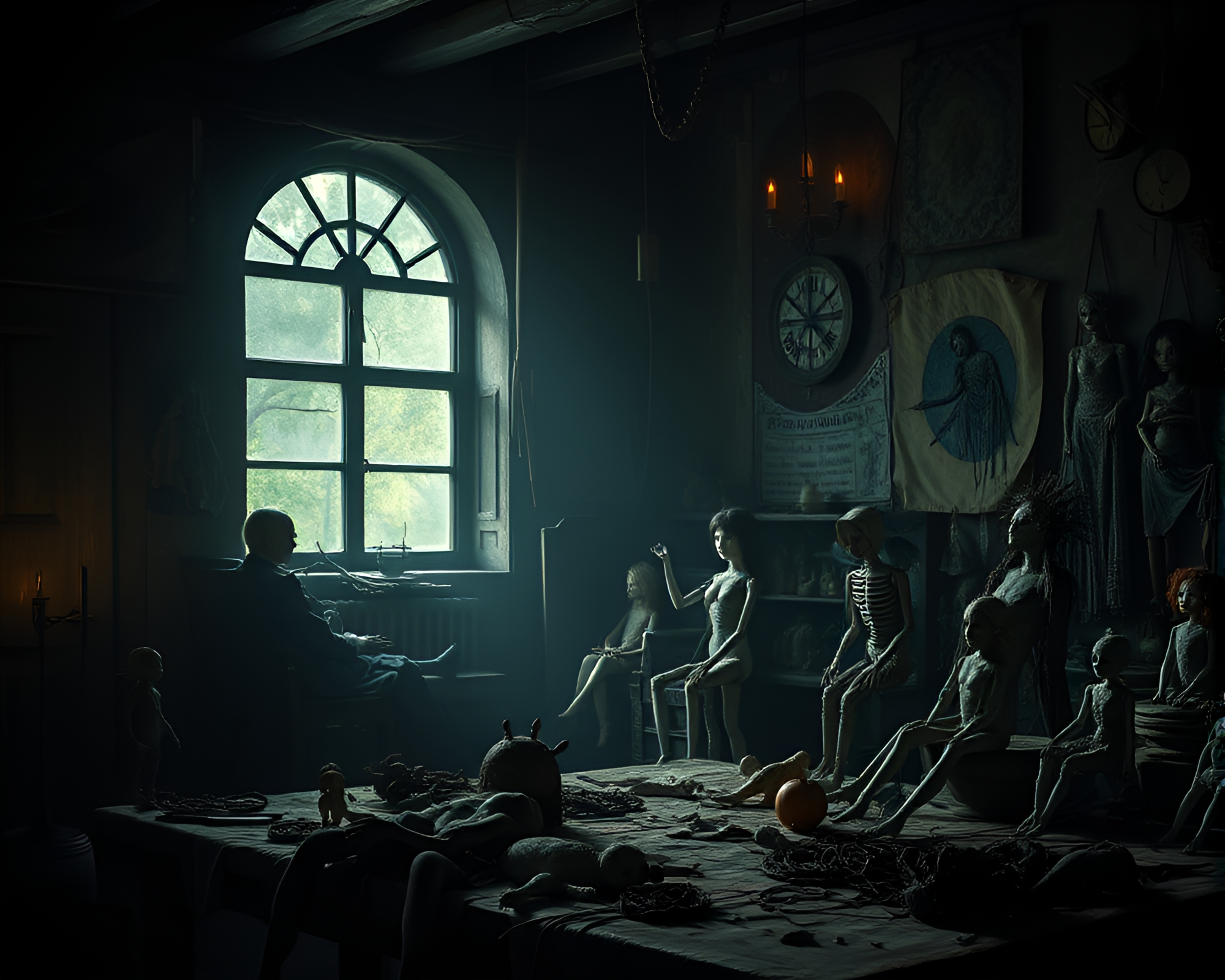 Eerie Workshop: Macabre Doll Crafting Scene – free AI stock image