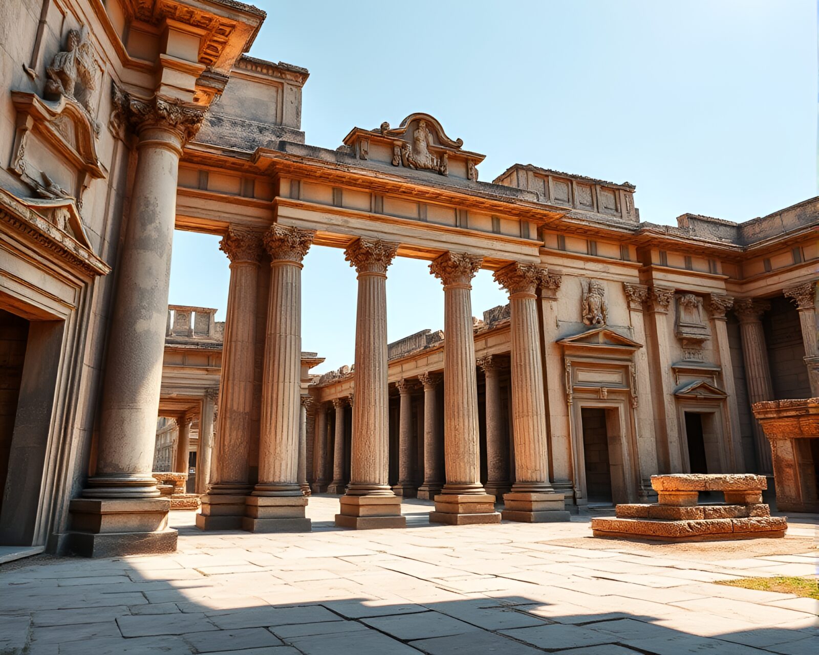 Lush greenery surrounding detailed marble walls and pillars