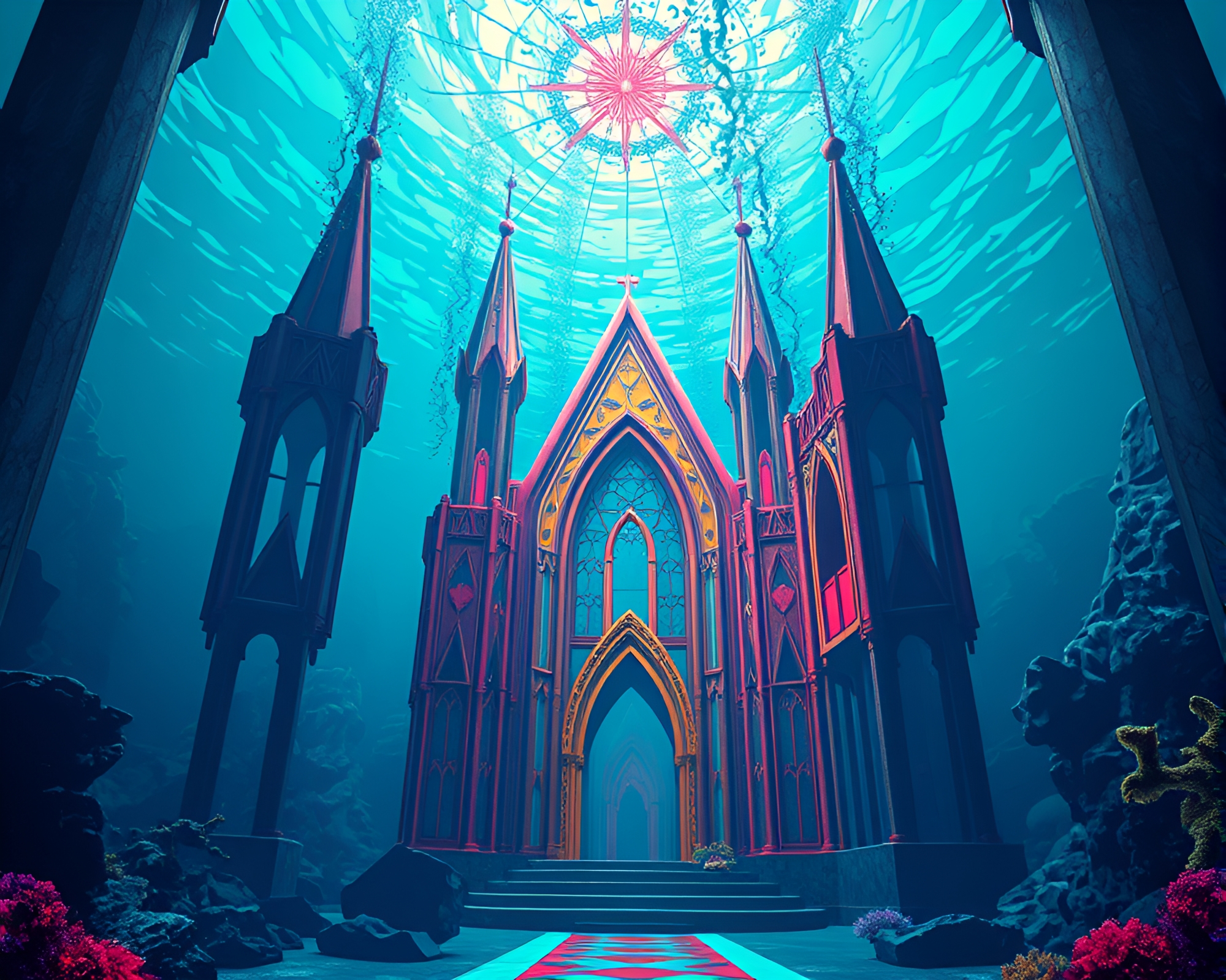 Mesmerizing Underwater Cathedral with Surreal Pop Art Elements – free AI stock image