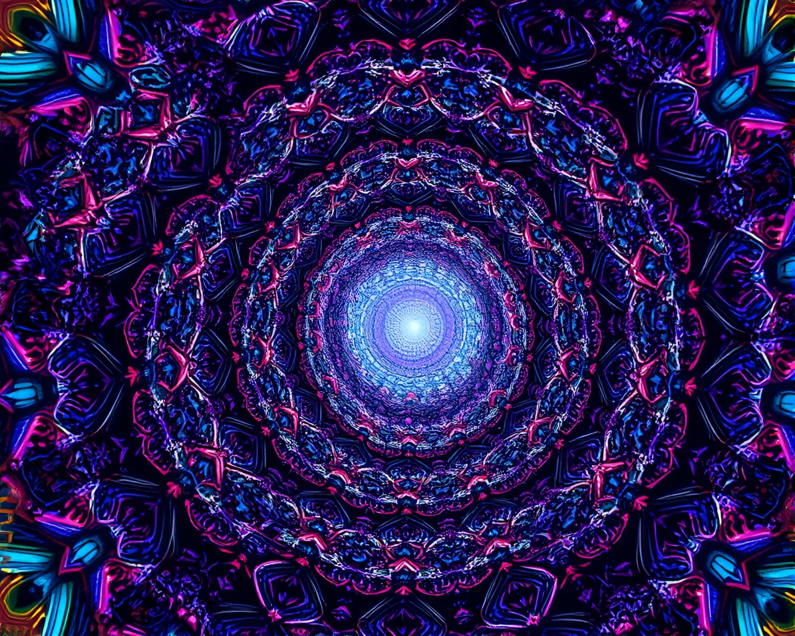 Vivid kaleidoscopic scene with intricate patterns and vibrant colors