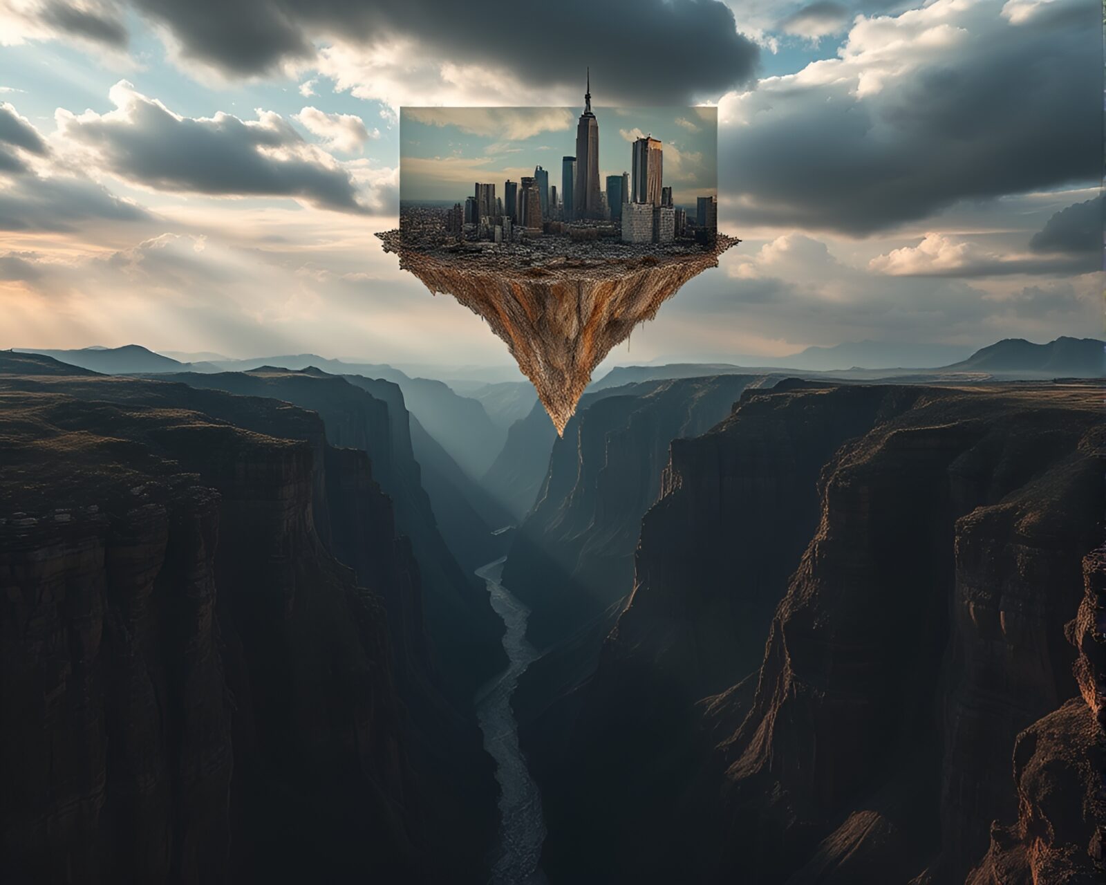 Massive glossy obsidian cliffs tower over a surreal floating collage