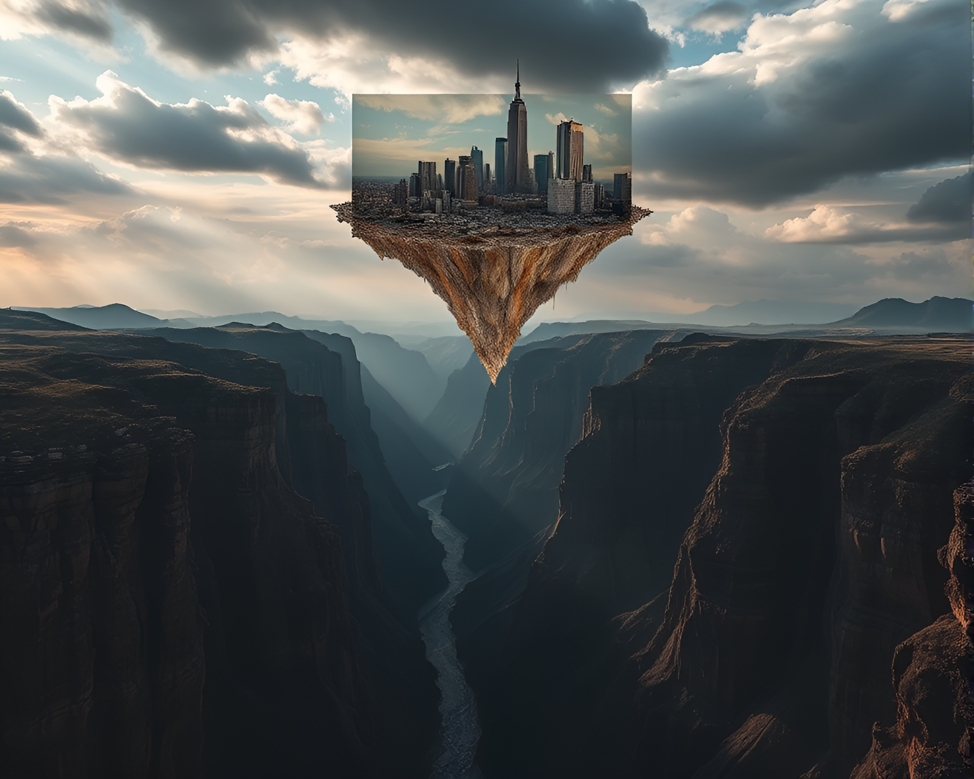 Surreal Canyon Photomontage: Obsidian Cliffs and Floating Collage – free AI stock image