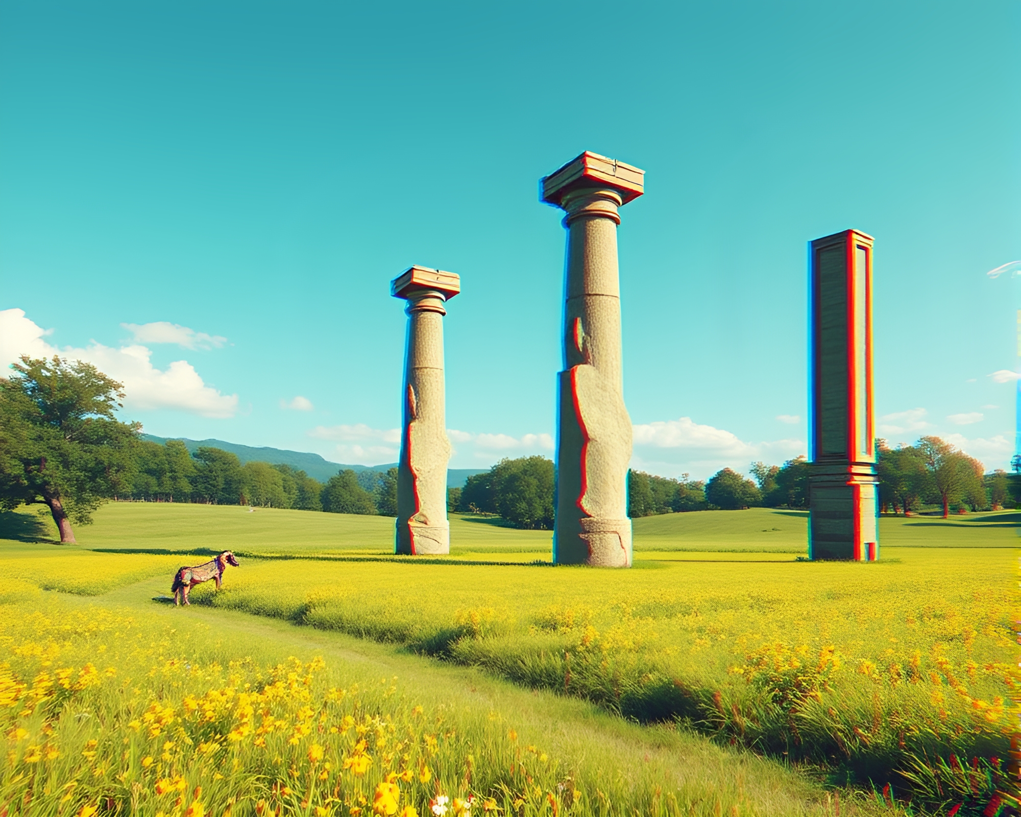Surreal Glitched Monolithic Pillars in Lush Pastoral Landscape – free AI stock image