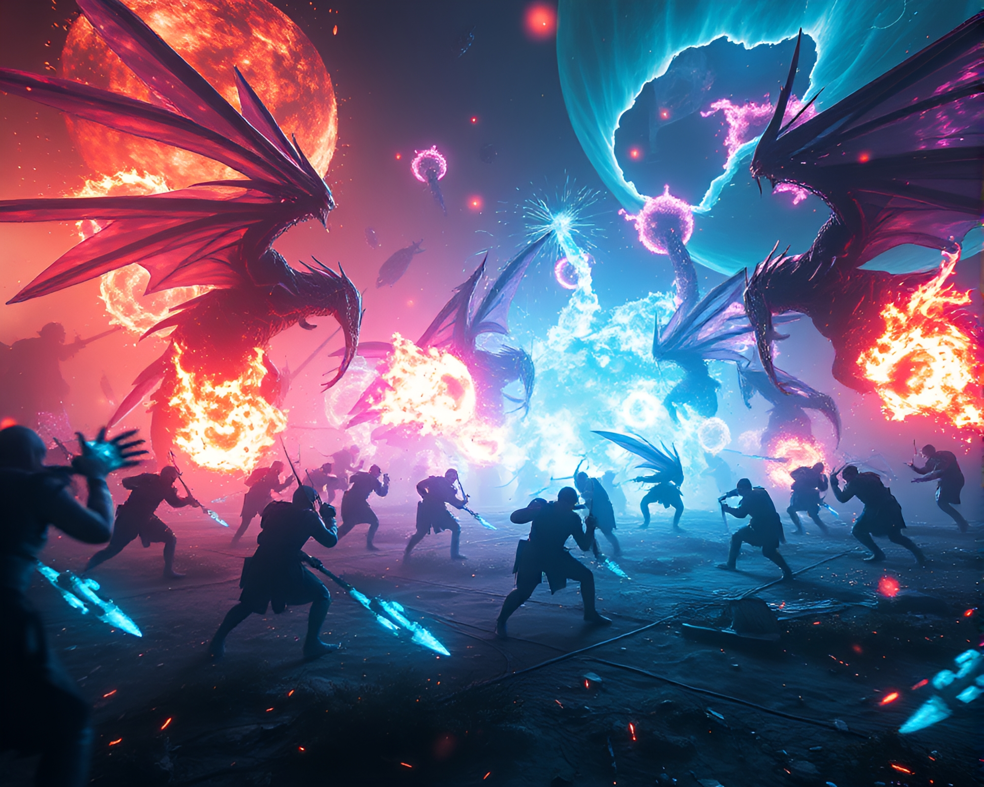 Ethereal Creatures’ Bioluminescent Battlefield Clash in Surreal Spectacle – free AI stock image