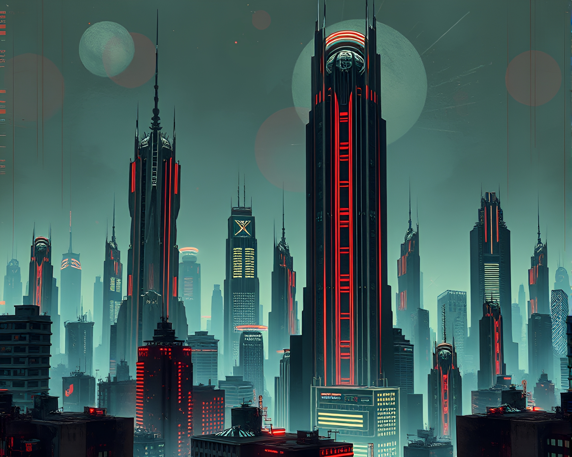 Futuristic Cubist Skyscrapers Dominating Retro Metropolis – free AI stock image