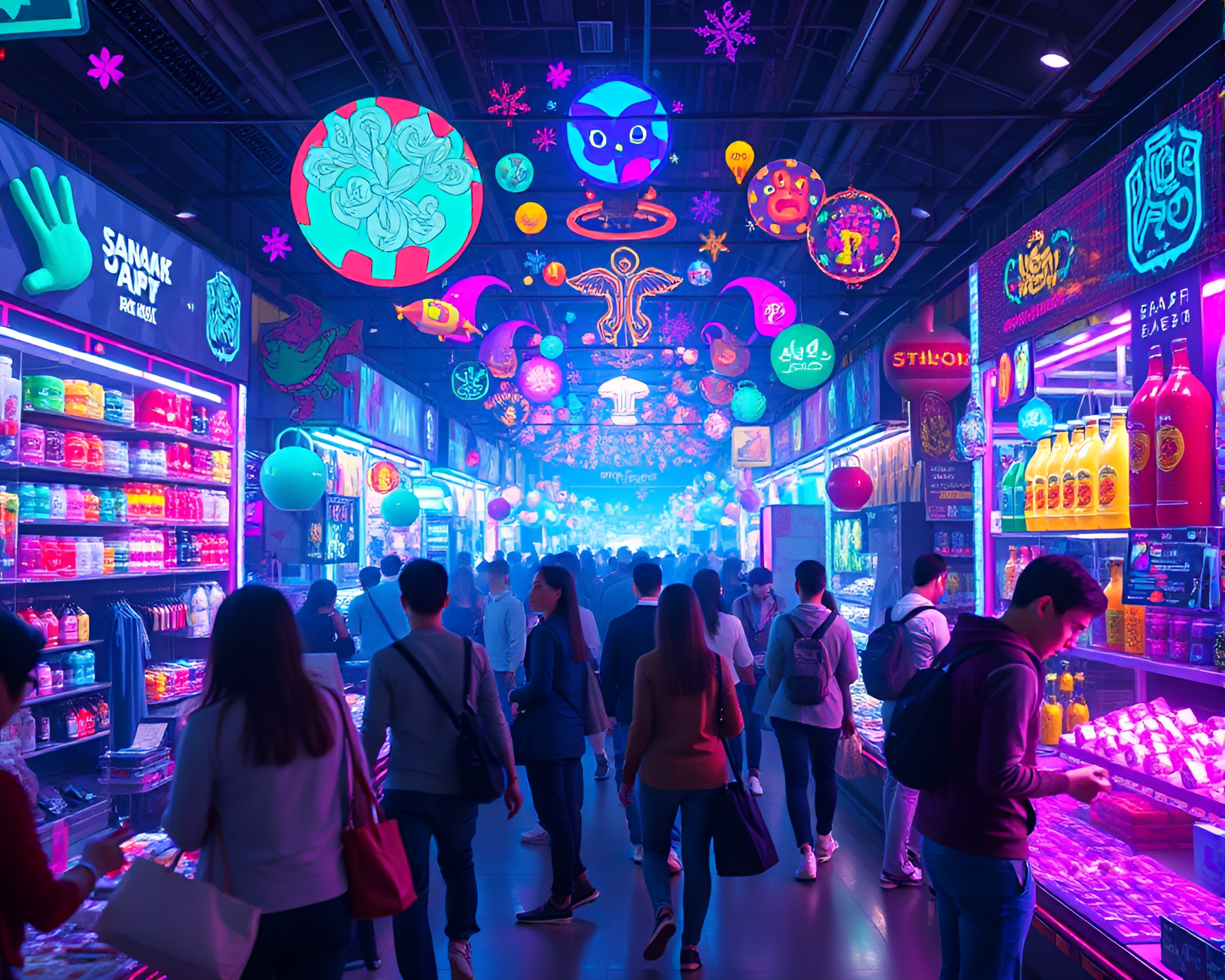 Vibrant Holographic Bazaar Bustling with Activity – free AI stock image