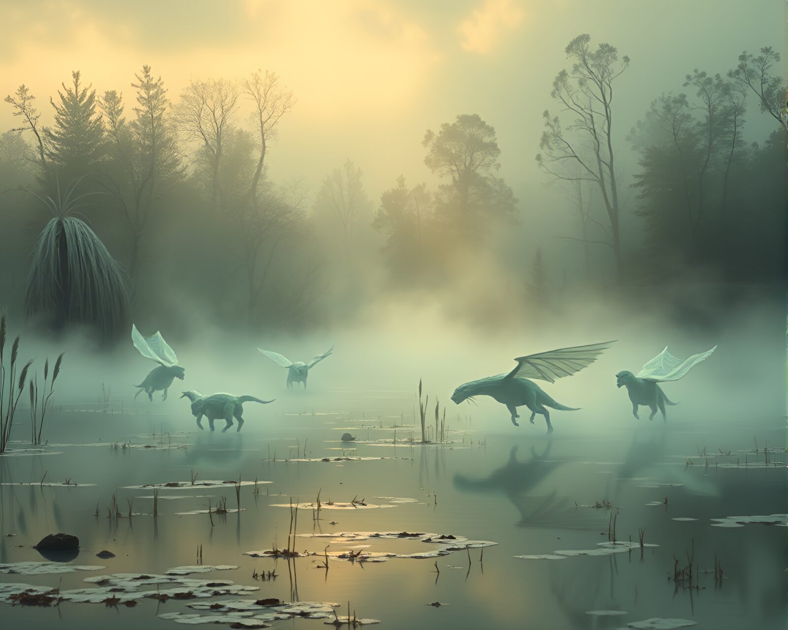 Serene image of misty creatures in a glowing marsh