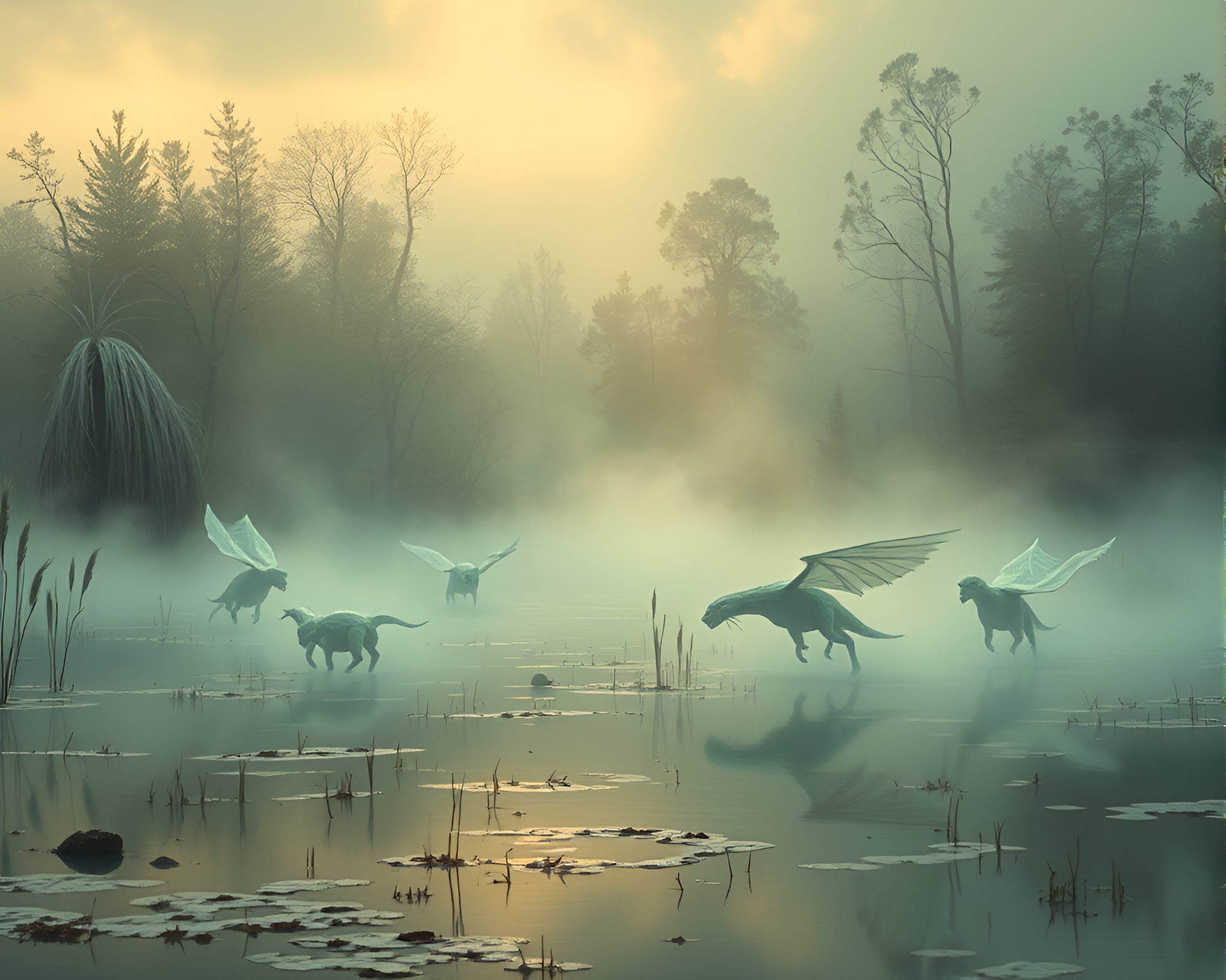 Ethereal Fantasy Marsh with Misty Creatures – free AI stock image