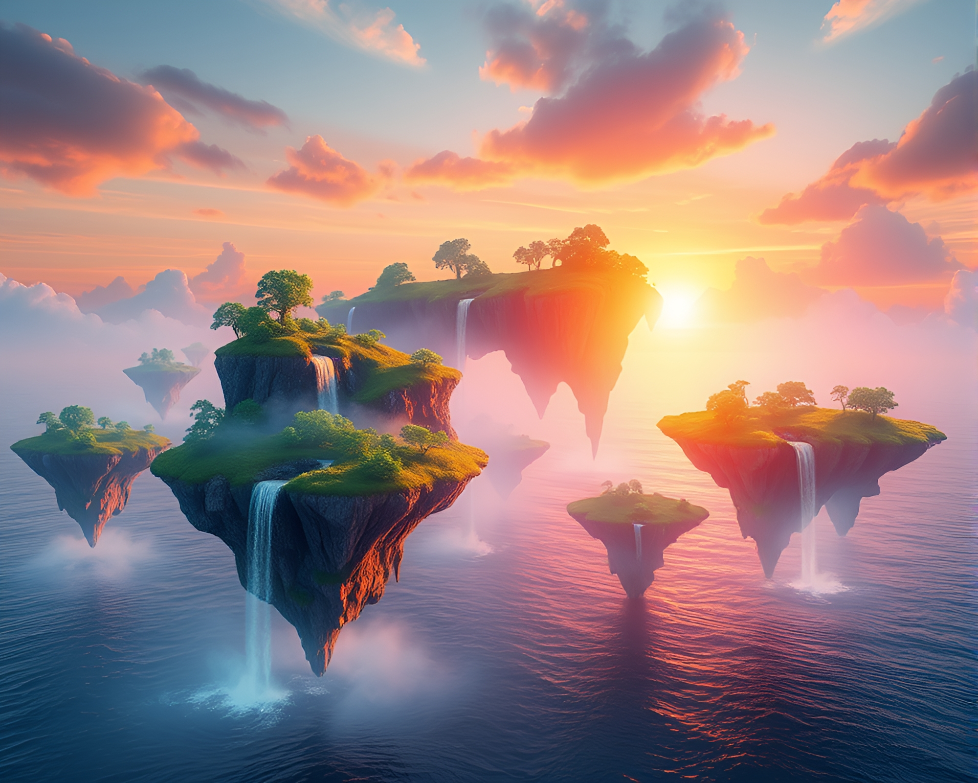 Surreal Floating Islands in Vibrant Sunrise Archipelago – free AI stock image