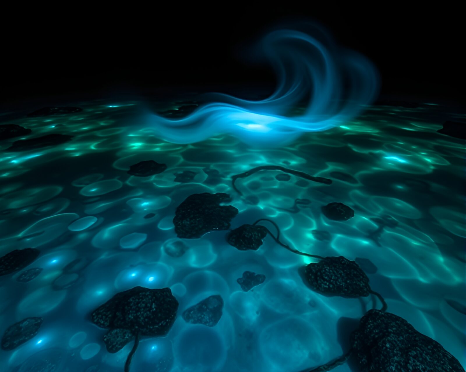 Glowing sea creatures dance in bioluminescent tide pools