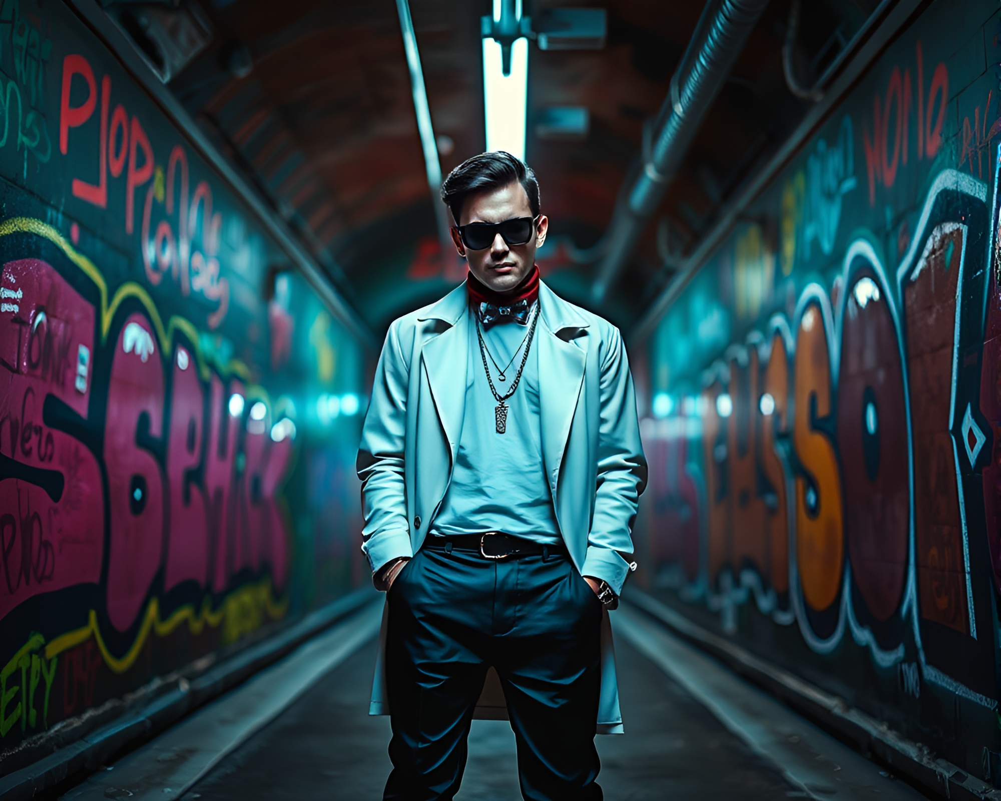 Avant-Garde Figure in Neon-Lit Graffiti Tunnel – free AI stock image