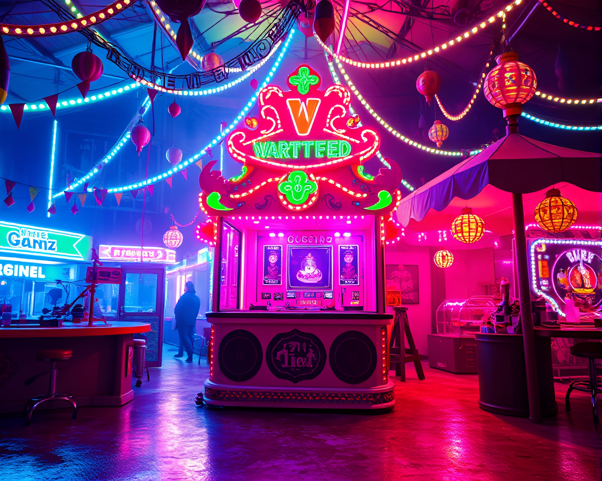 Whimsical Neon Carnival: Mystical Game of Intrigue – free AI stock image