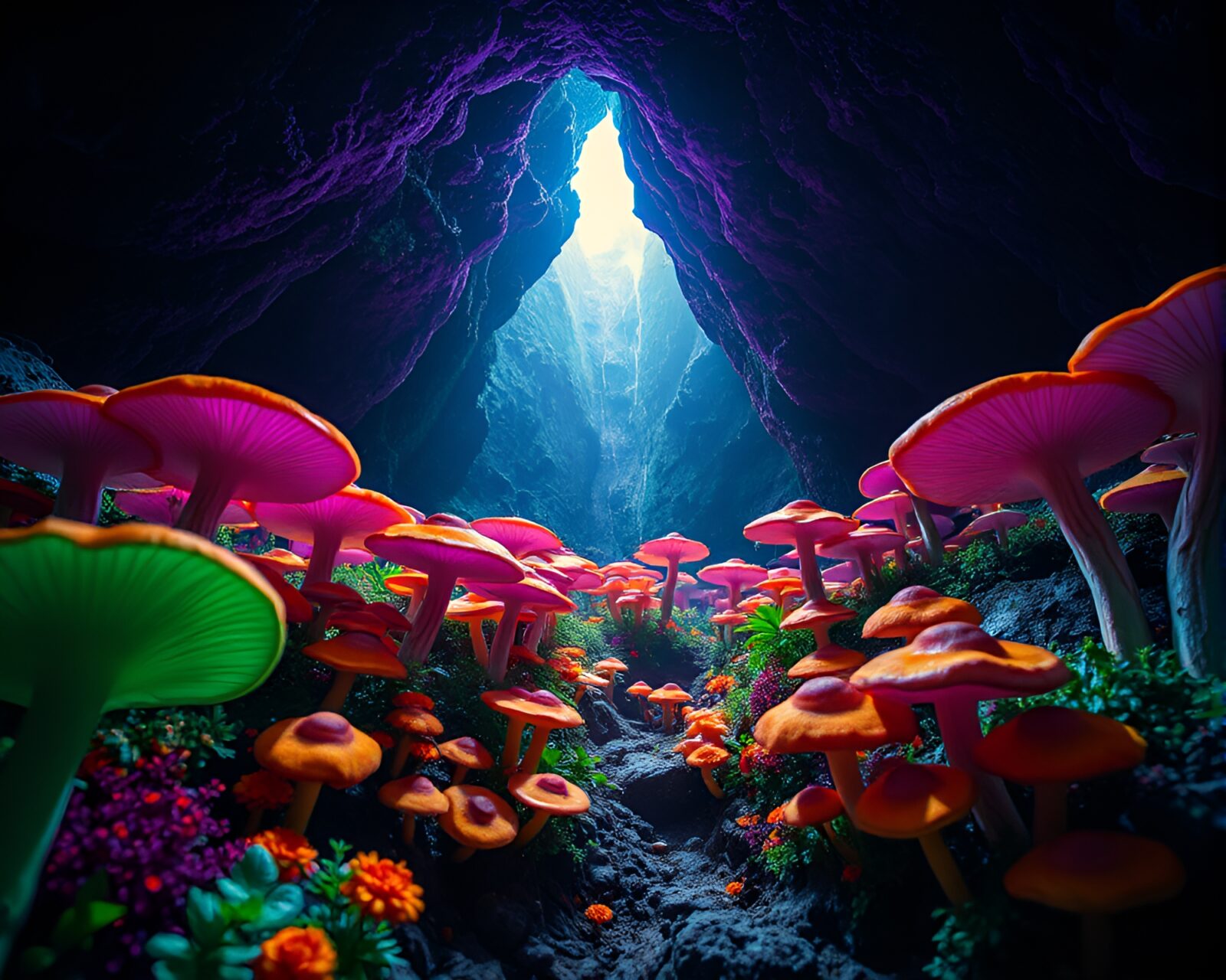 Colorful mushrooms and mold in underground world with dim light