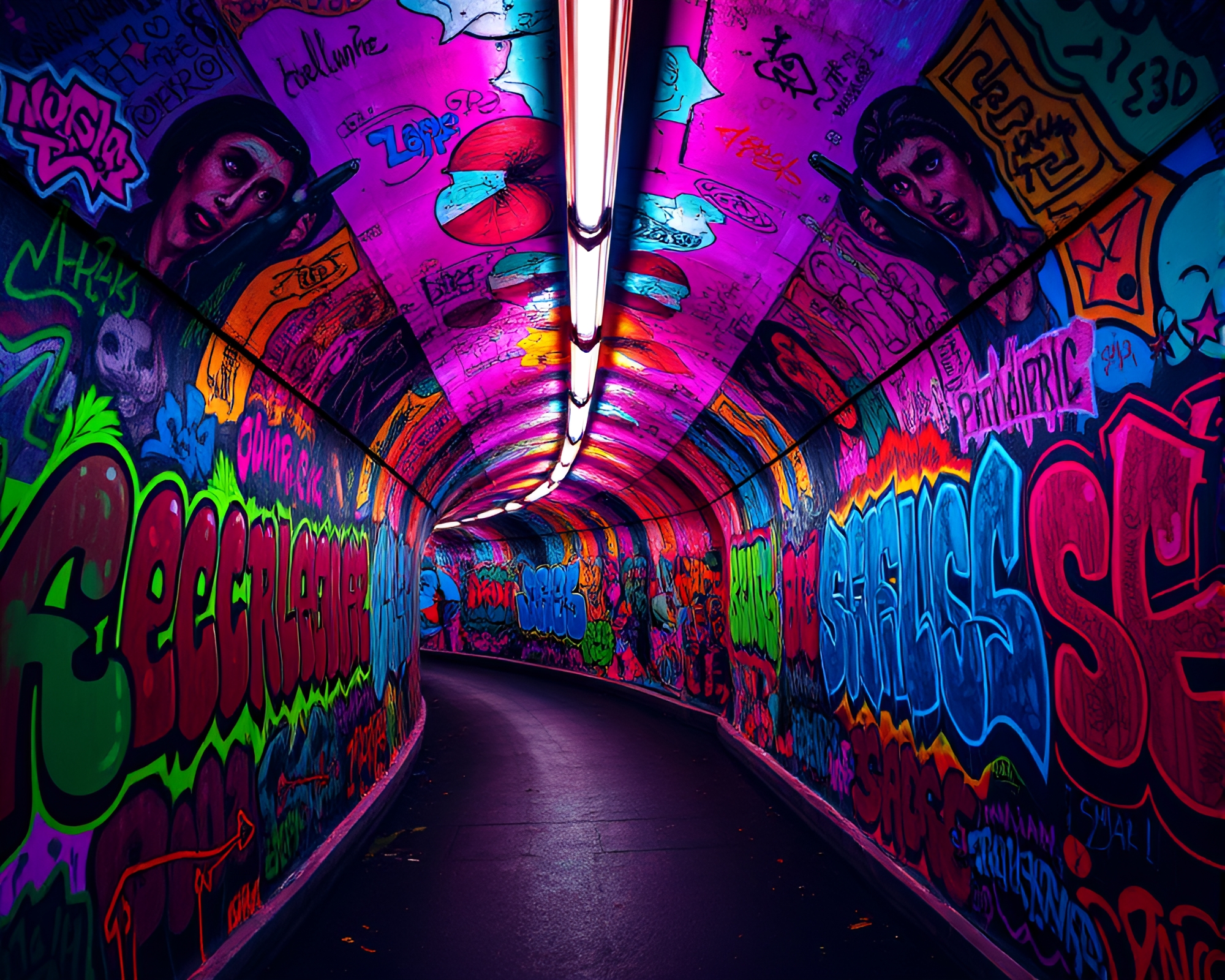 Neon-lit Tunnel Adorned with Vibrant Graffiti Art Deco – free AI stock image