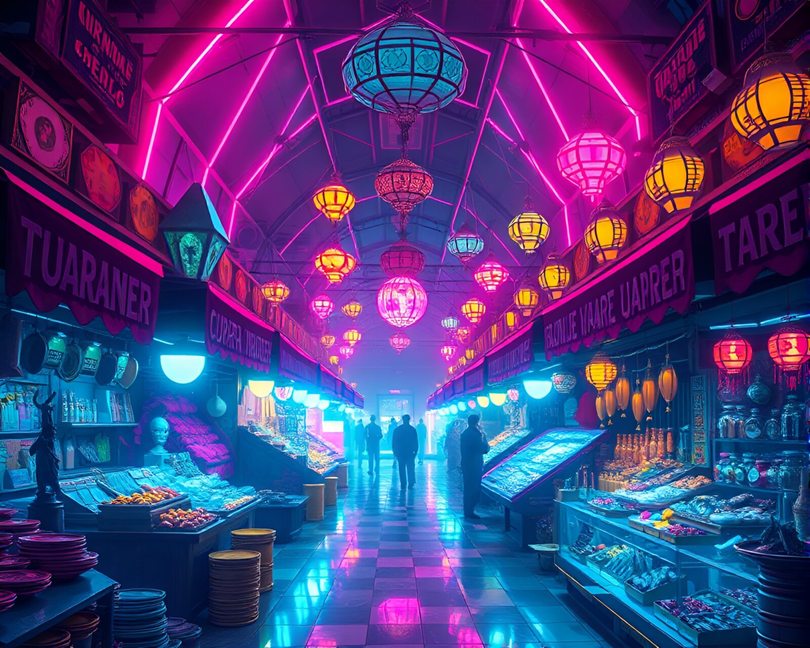 Surreal neon-lit scene with holographic technology at bazaar