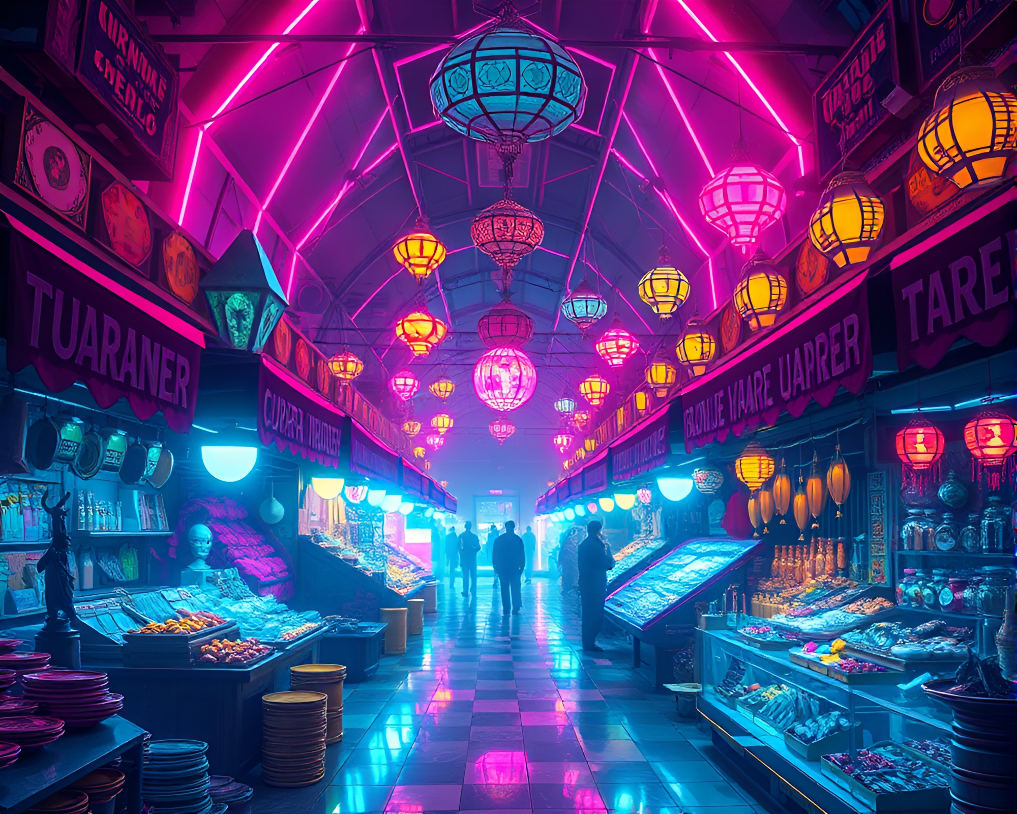 Vibrant Holographic Bazaar in Noir Pop Art Style – free AI stock image