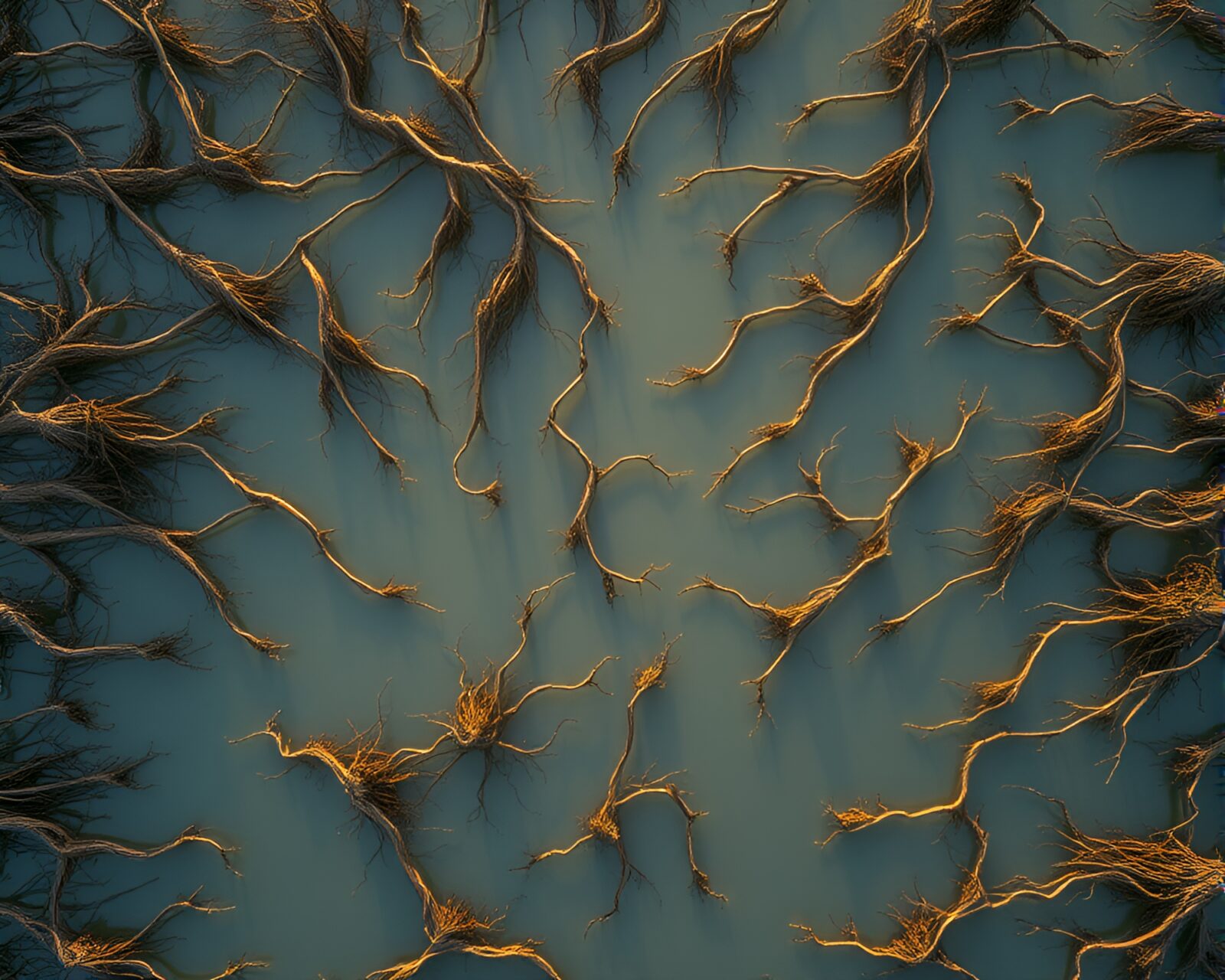 Mesmerizing aerial view of delicate roots weaving abstract pattern